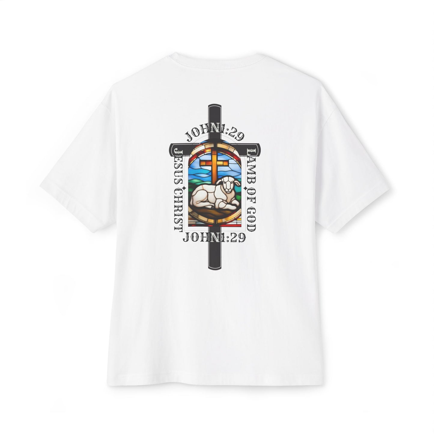 Christian Graphic Tee Glass Art, Unisex Oversized T-Shirt, John 1:29 Lamb Of God
