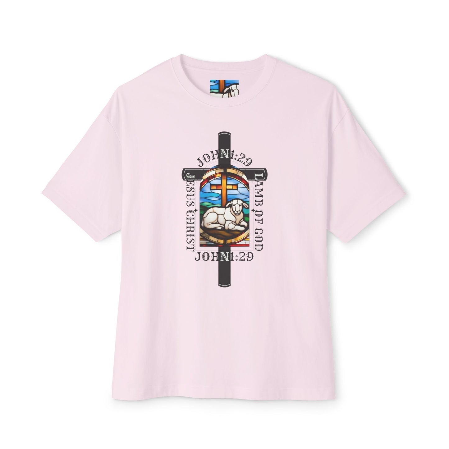 Christian Graphic Tee Glass Art, Unisex Oversized T-Shirt, John 1:29 Lamb Of God