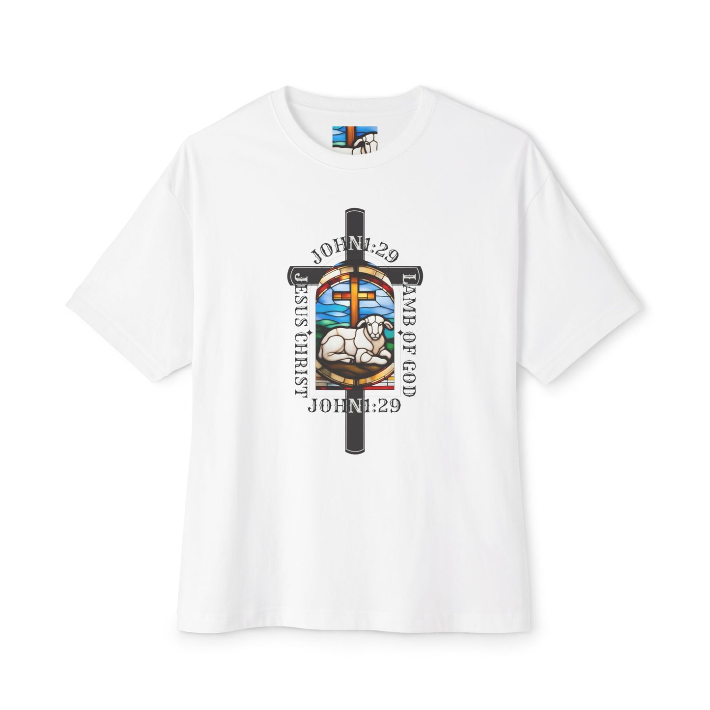 Christian Graphic Tee Glass Art, Unisex Oversized T-Shirt, John 1:29 Lamb Of God