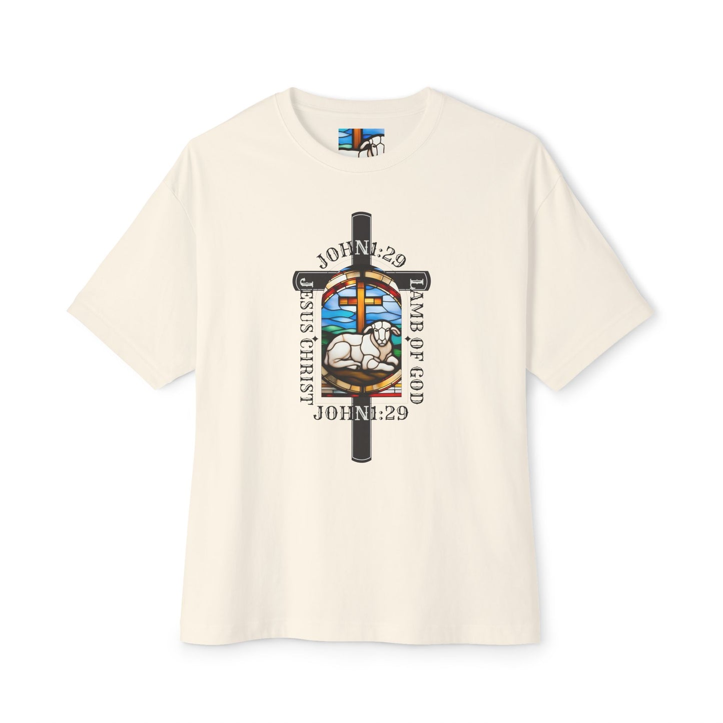 Christian Graphic Tee Glass Art, Unisex Oversized T-Shirt, John 1:29 Lamb Of God