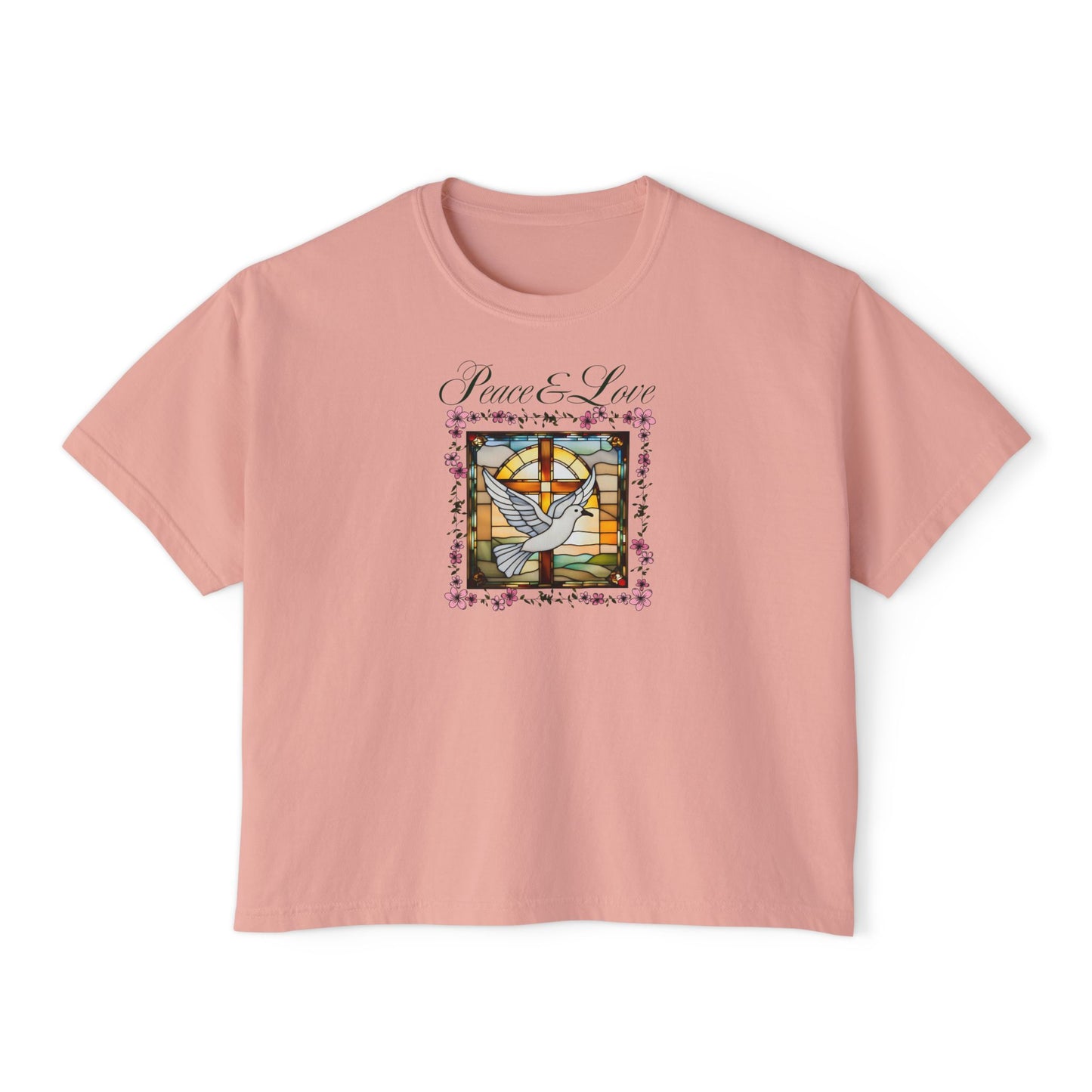 Christian Glass Art Boxy Tee with Peace & Love Dove symbol
