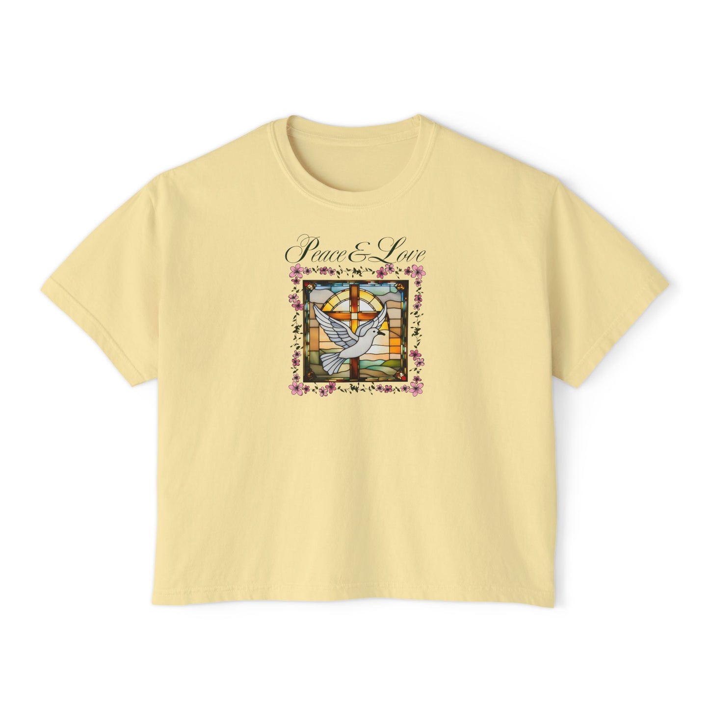 Christian Glass Art Boxy Tee with Peace & Love Dove symbol