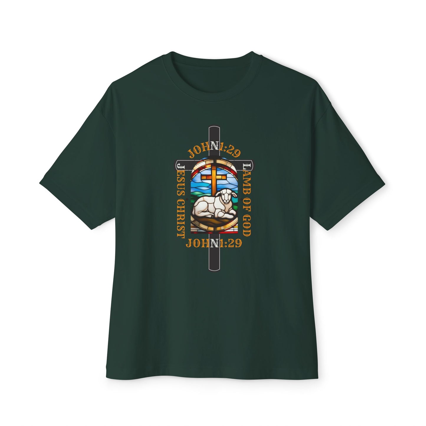 Christian Graphic Tee Glass Art, Unisex Oversized T-Shirt, John 1:29 Lamb Of God