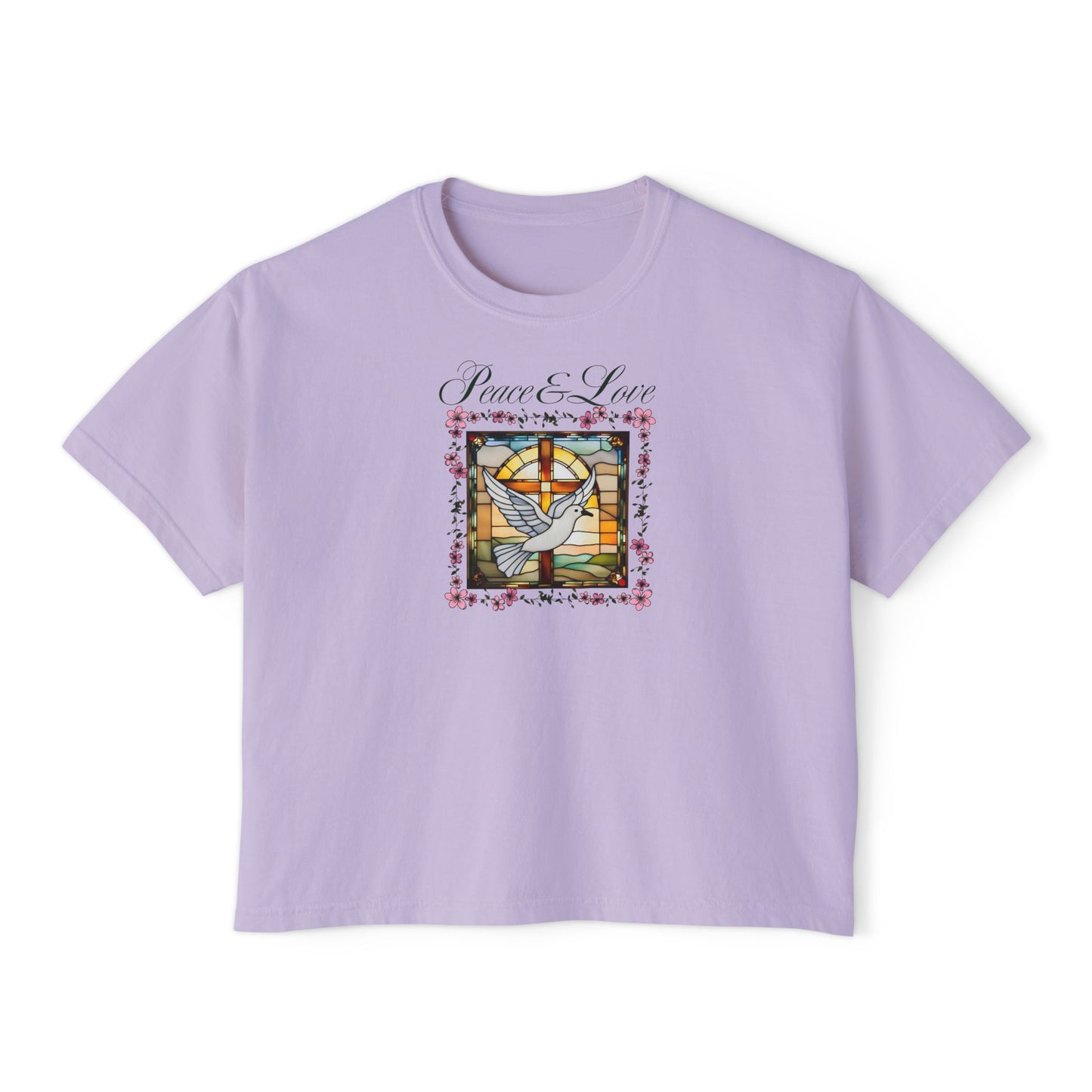 Christian Glass Art Boxy Tee with Peace & Love Dove symbol
