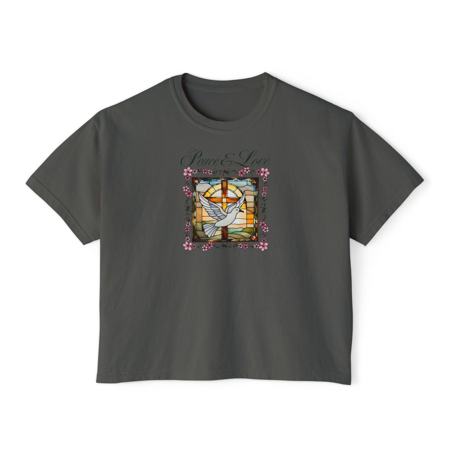 Christian Glass Art Boxy Tee with Peace & Love Dove symbol