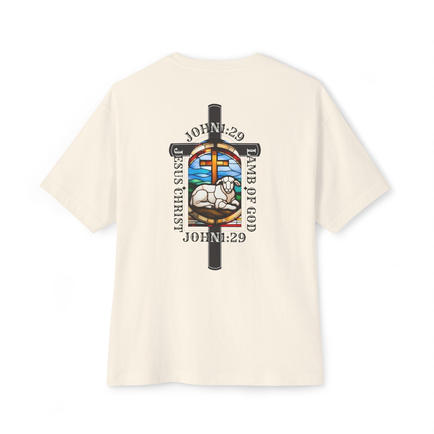 Christian Graphic Tee Glass Art, Unisex Oversized T-Shirt, John 1:29 Lamb Of God