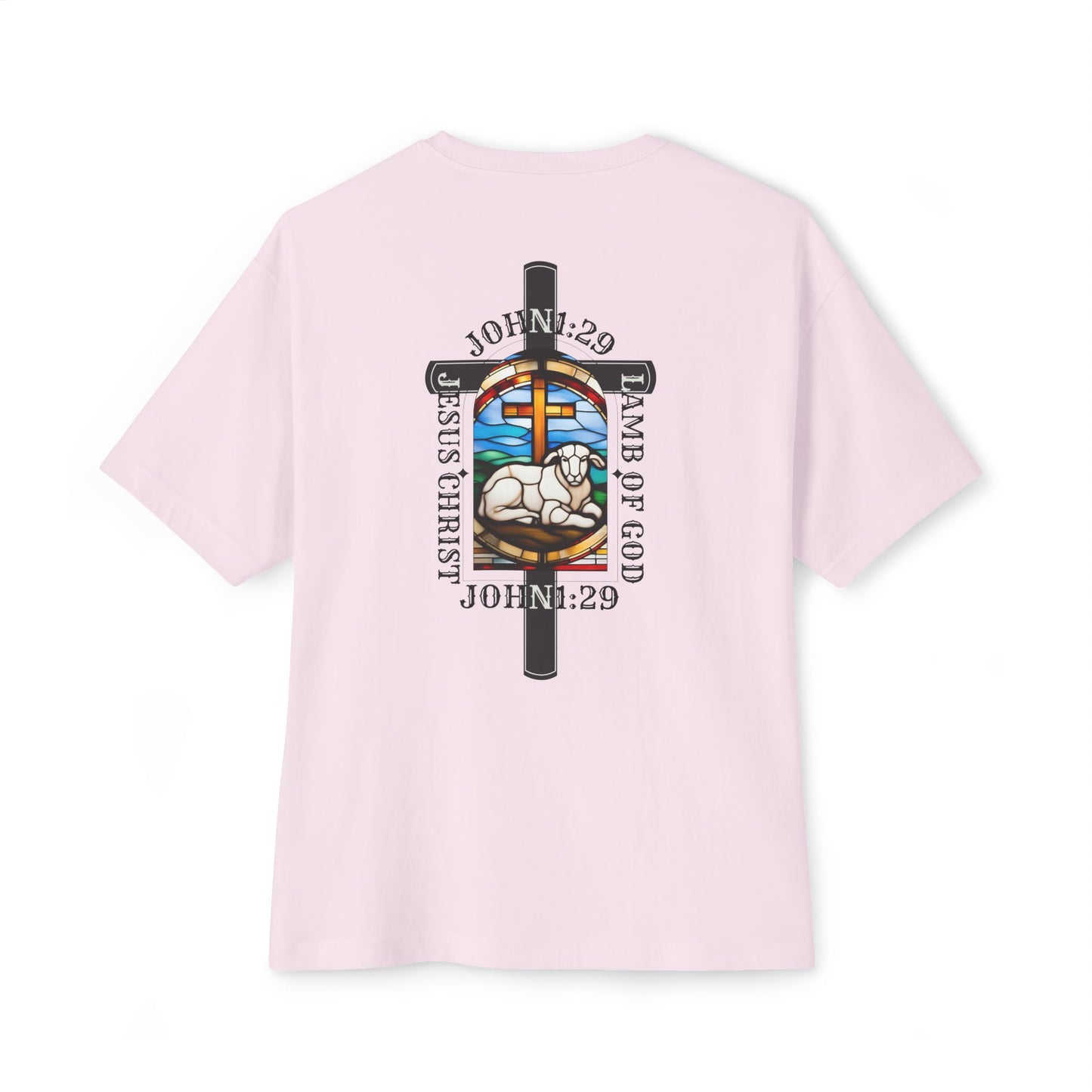 Christian Graphic Tee Glass Art, Unisex Oversized T-Shirt, John 1:29 Lamb Of God