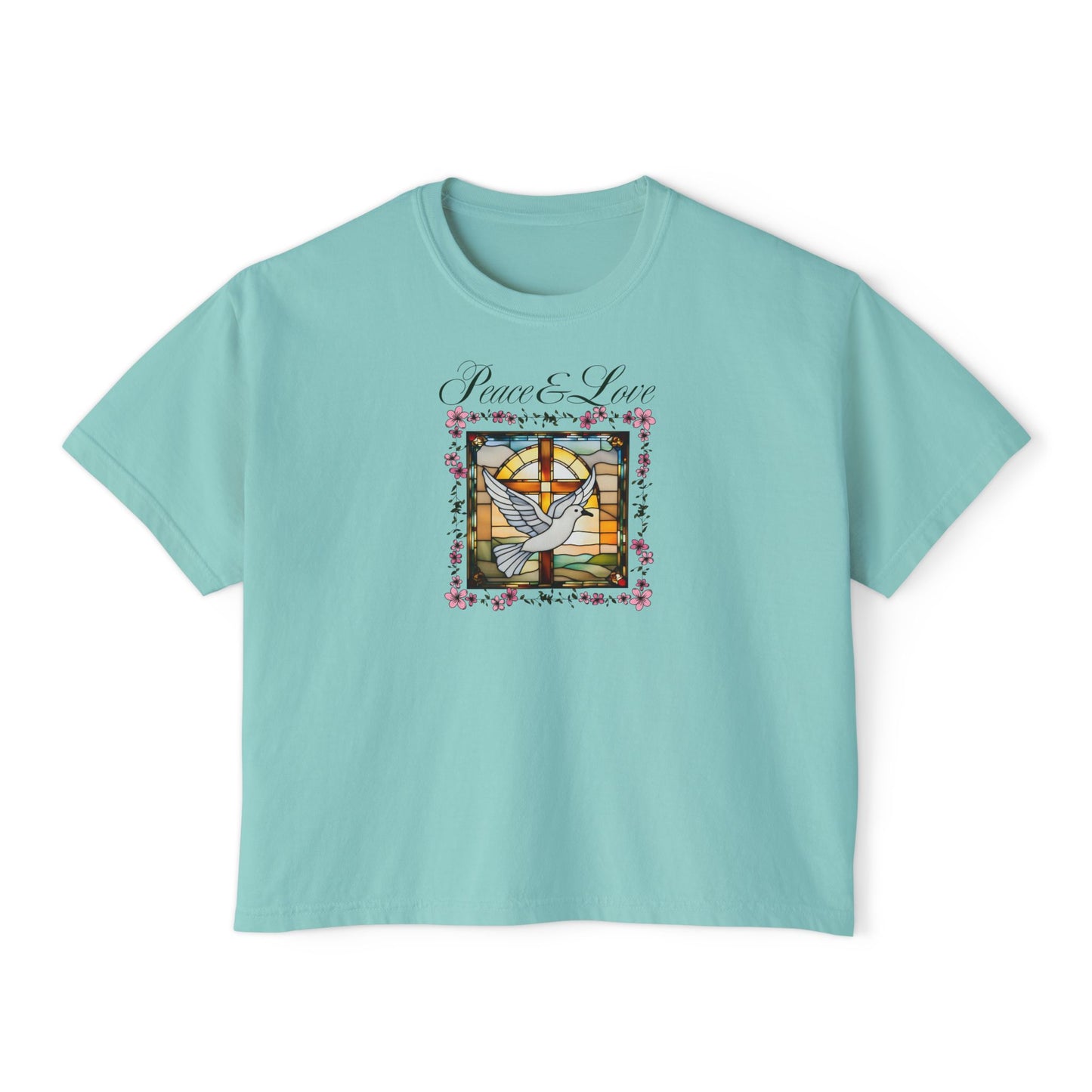Christian Glass Art Boxy Tee with Peace & Love Dove symbol