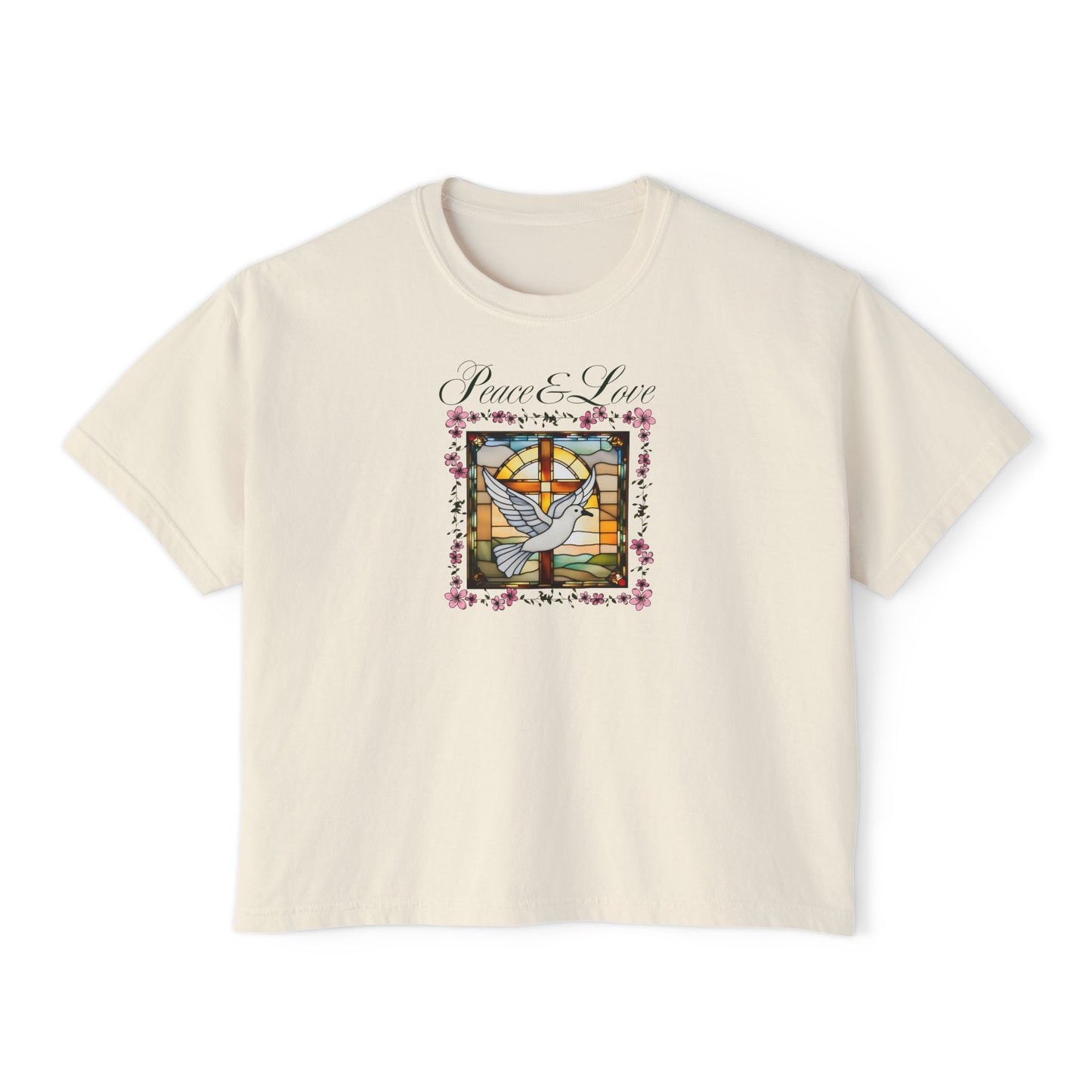 Christian Glass Art Boxy Tee with Peace & Love Dove symbol