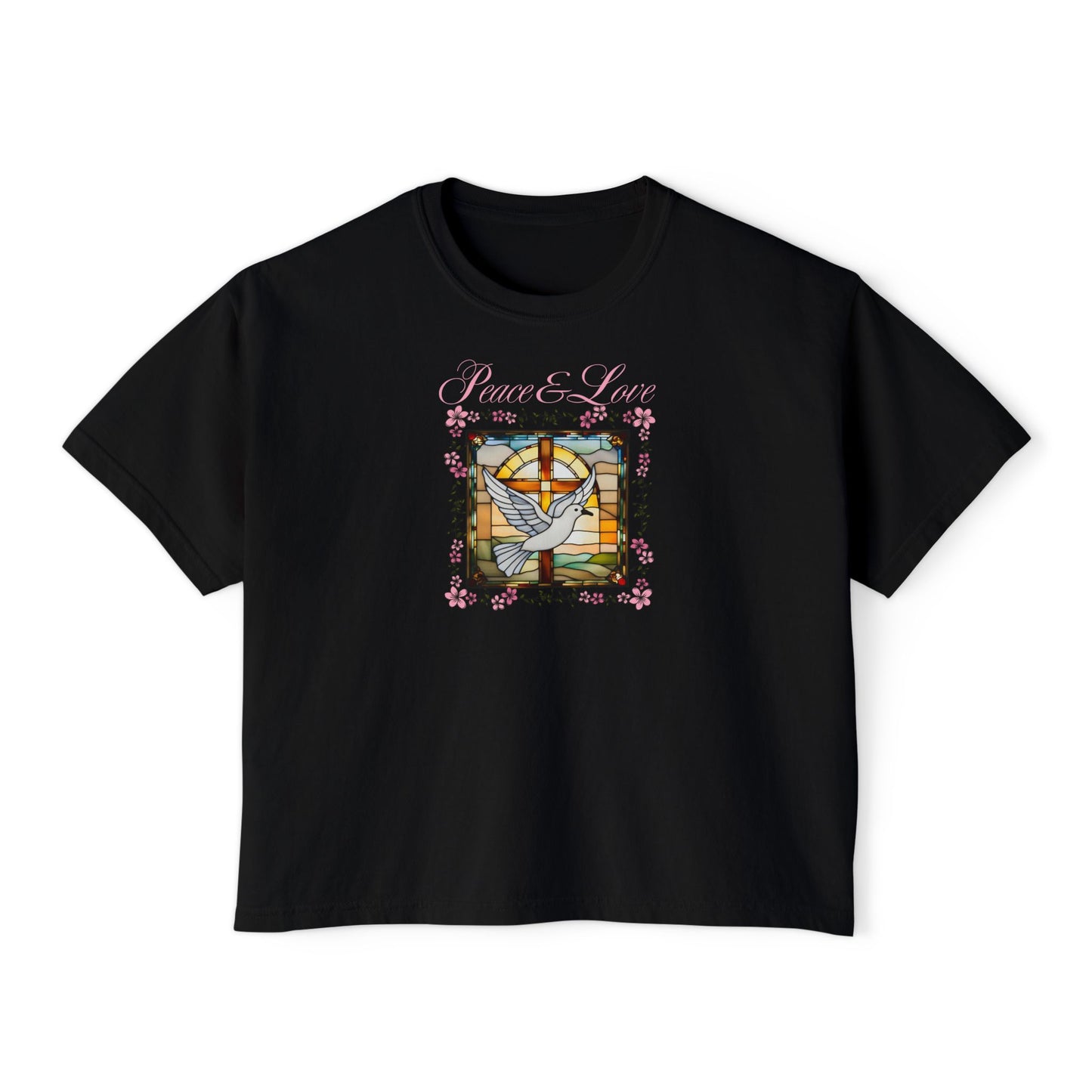 Christian Glass Art Boxy Tee with Peace & Love Dove symbol