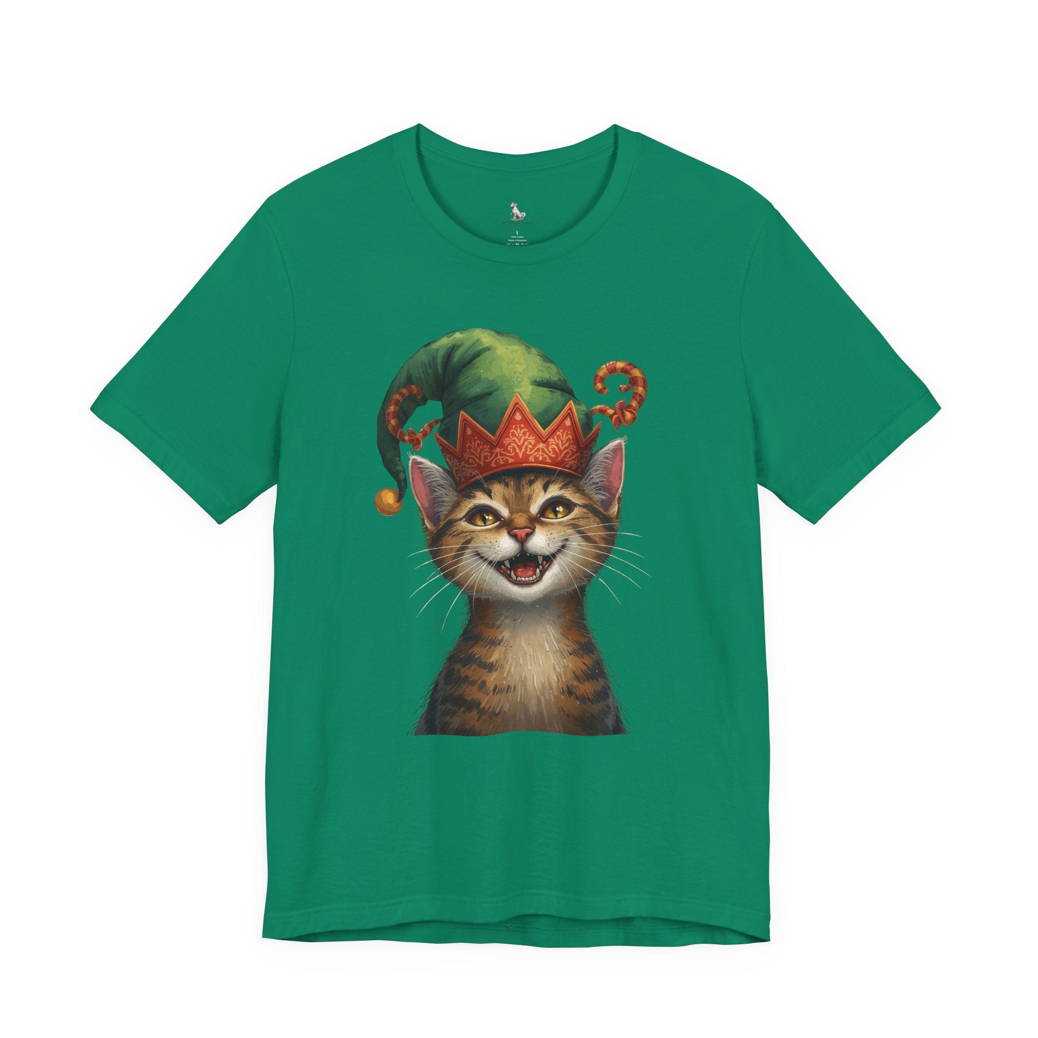 Cat Elf T-Shirt — Smiling Tabby in Festive Elf Hat