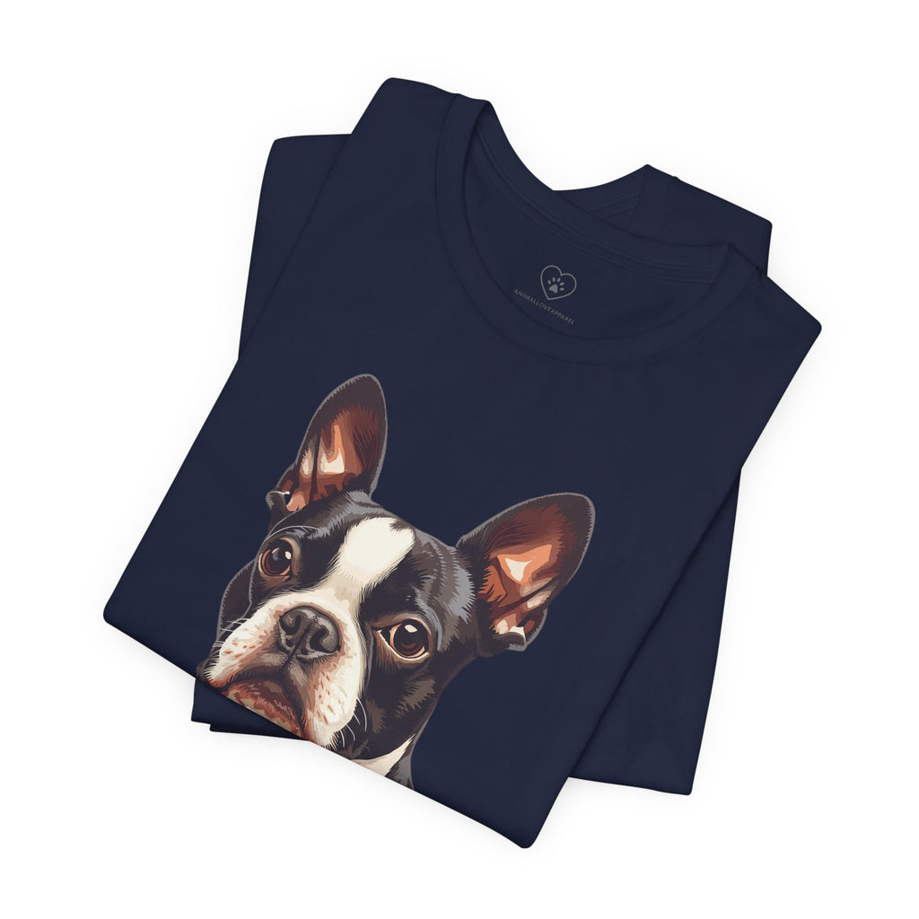Boston Terrier Portrait T-Shirt – Realistic Dog Face Tee for Pet Lovers