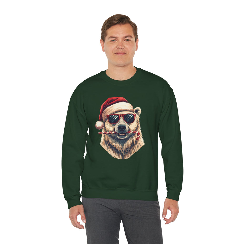 Christmas Polar Bear Crewneck Sweatshirt - Santa Hat & Candy Cane Holiday Pullover