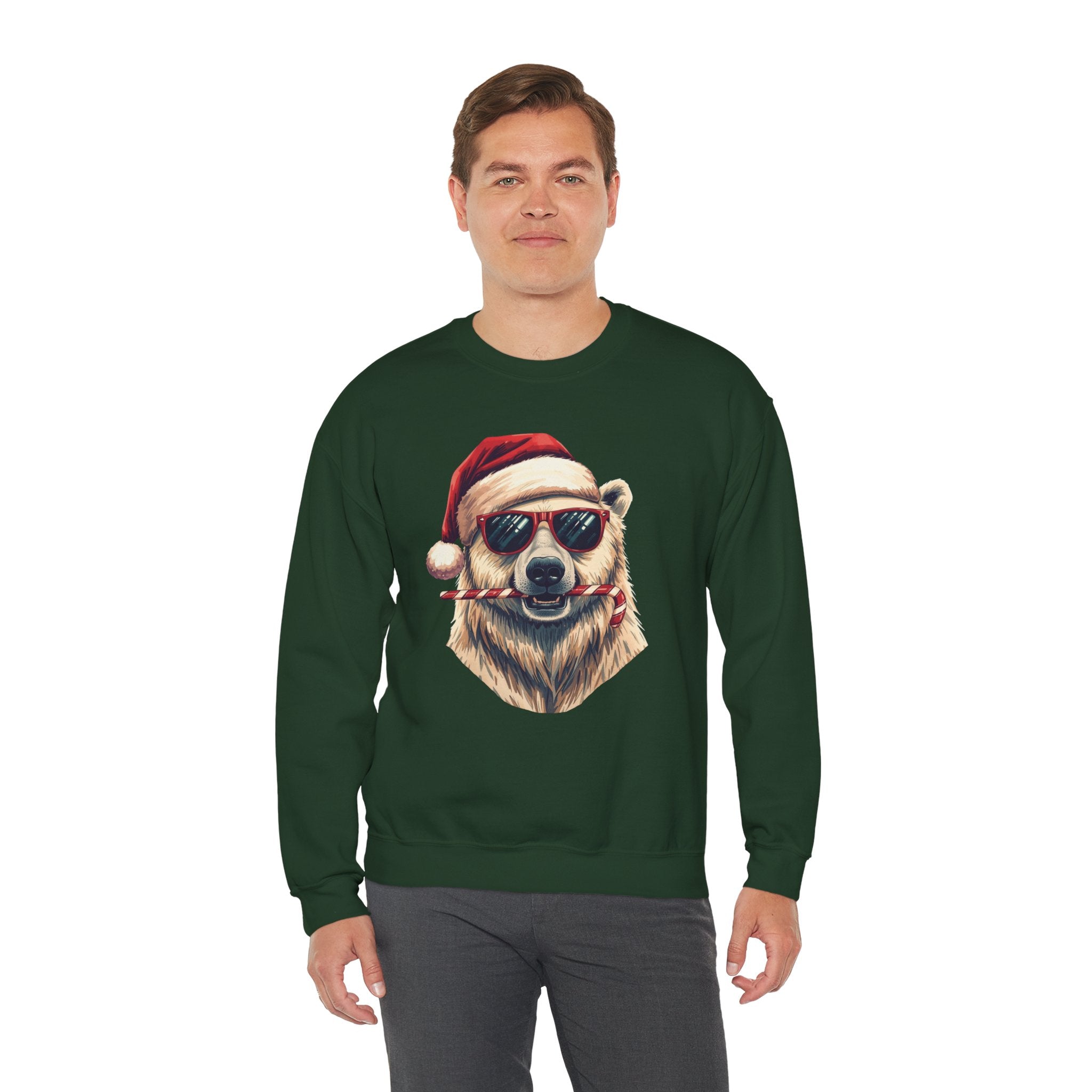 Christmas Polar Bear Crewneck Sweatshirt - Santa Hat & Candy Cane Holiday Pullover