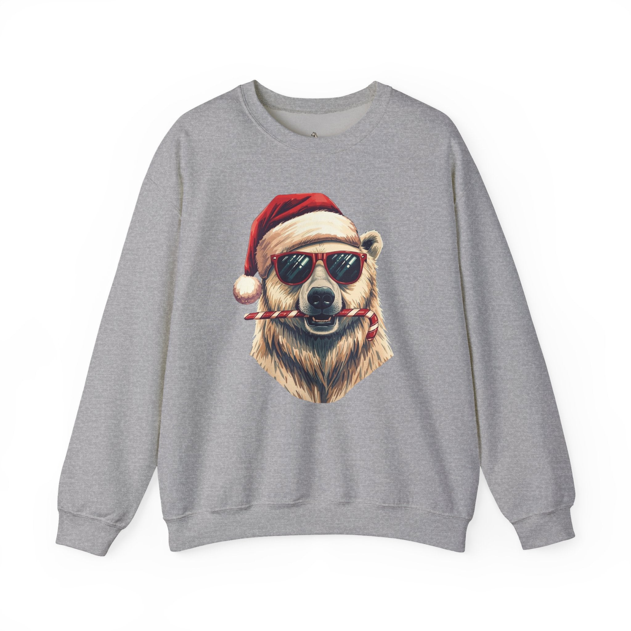 Christmas Polar Bear Crewneck Sweatshirt - Santa Hat & Candy Cane Holiday Pullover
