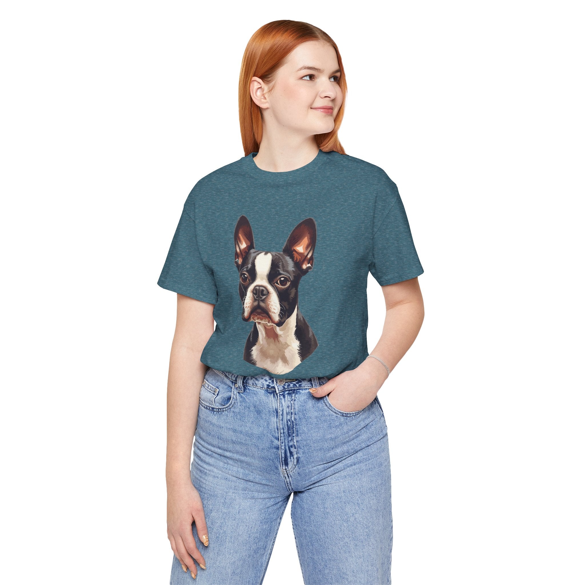 Boston Terrier Portrait T-Shirt – Realistic Dog Face Tee for Pet Lovers