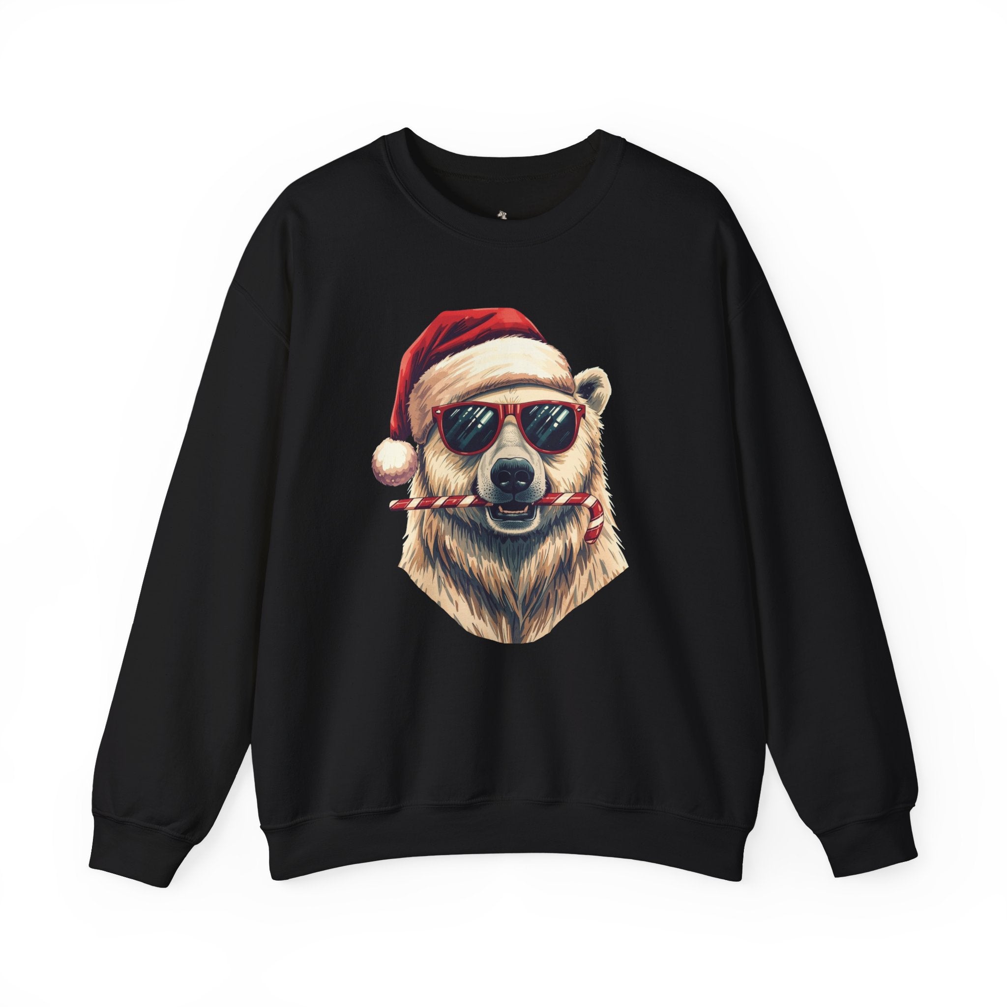 Christmas Polar Bear Crewneck Sweatshirt - Santa Hat & Candy Cane Holiday Pullover