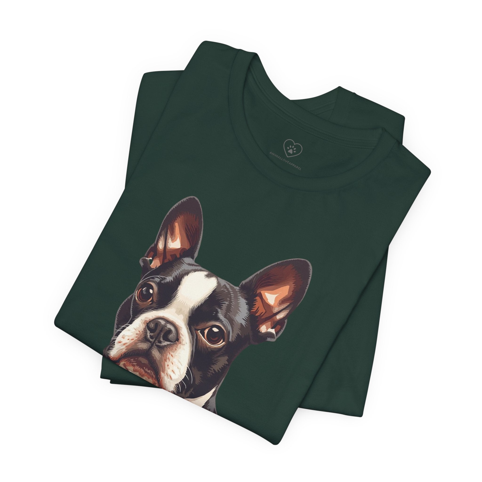 Boston Terrier Portrait T-Shirt – Realistic Dog Face Tee for Pet Lovers