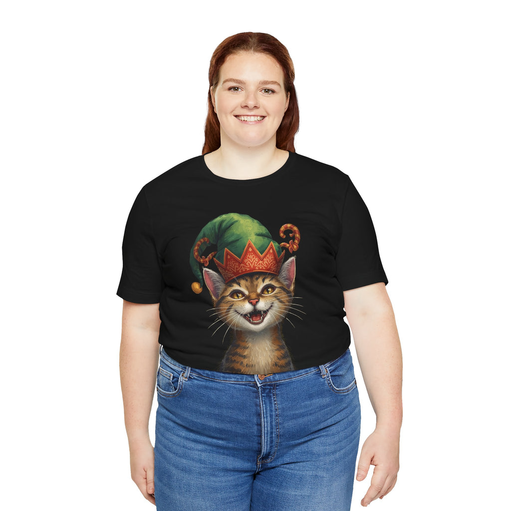 Cat Elf T-Shirt — Smiling Tabby in Festive Elf Hat