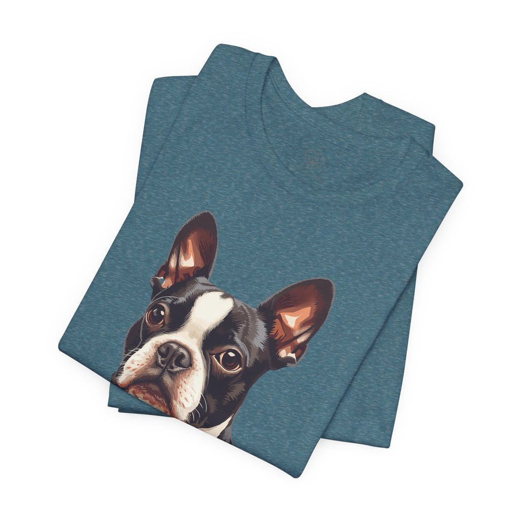 Boston Terrier Portrait T-Shirt – Realistic Dog Face Tee for Pet Lovers
