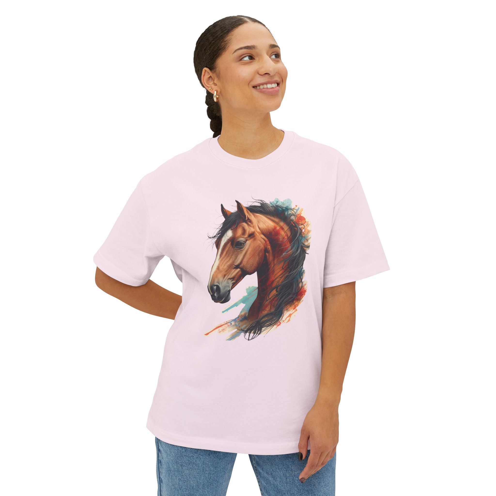 Horse Portrait Boxy Tee — Watercolor Stallion Graphic T-Shirt