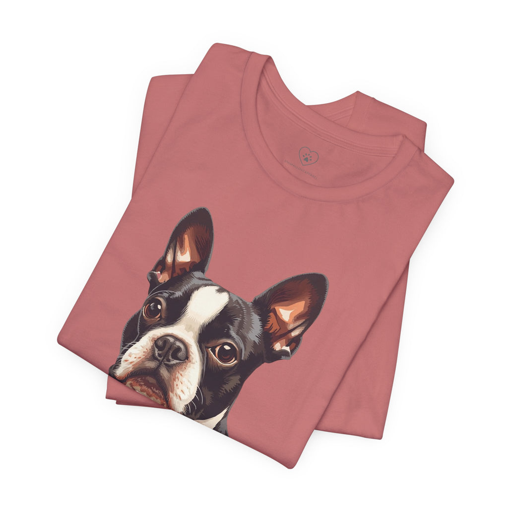Boston Terrier Portrait T-Shirt – Realistic Dog Face Tee for Pet Lovers