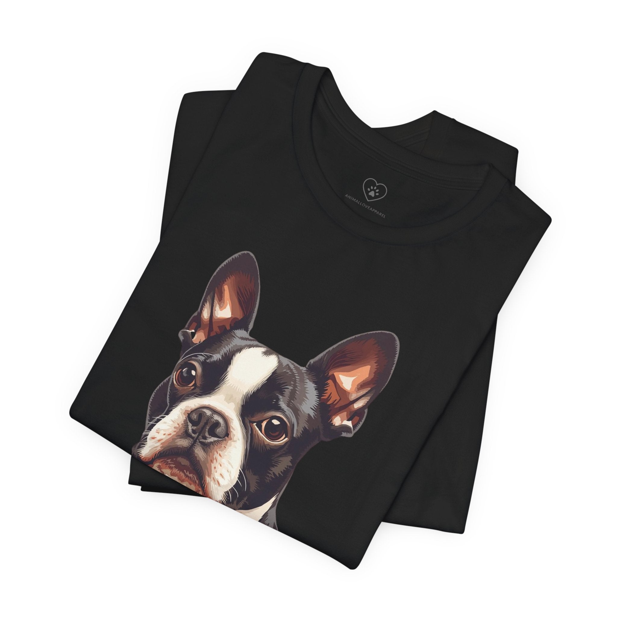 Boston Terrier Portrait T-Shirt – Realistic Dog Face Tee for Pet Lovers