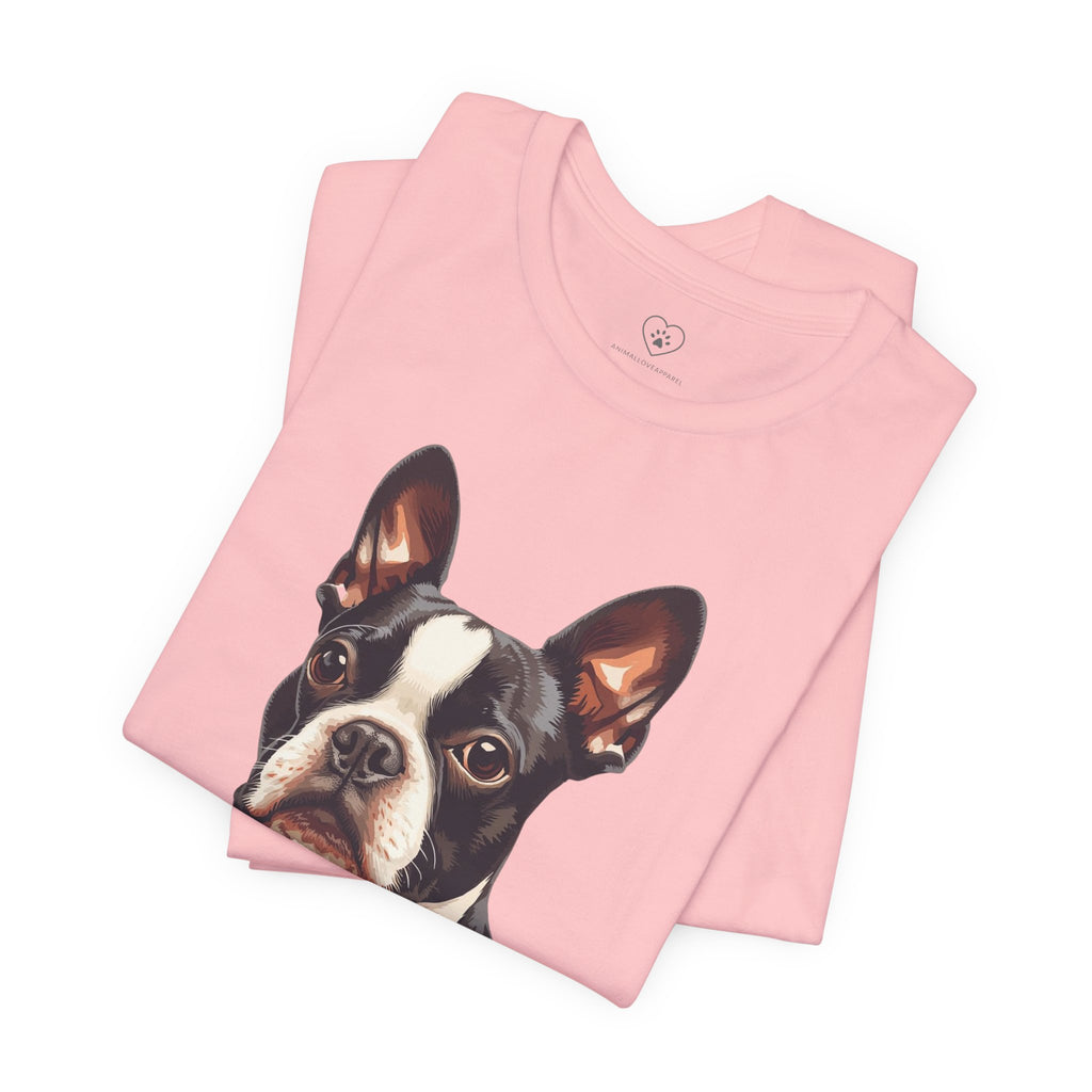 Boston Terrier Portrait T-Shirt – Realistic Dog Face Tee for Pet Lovers