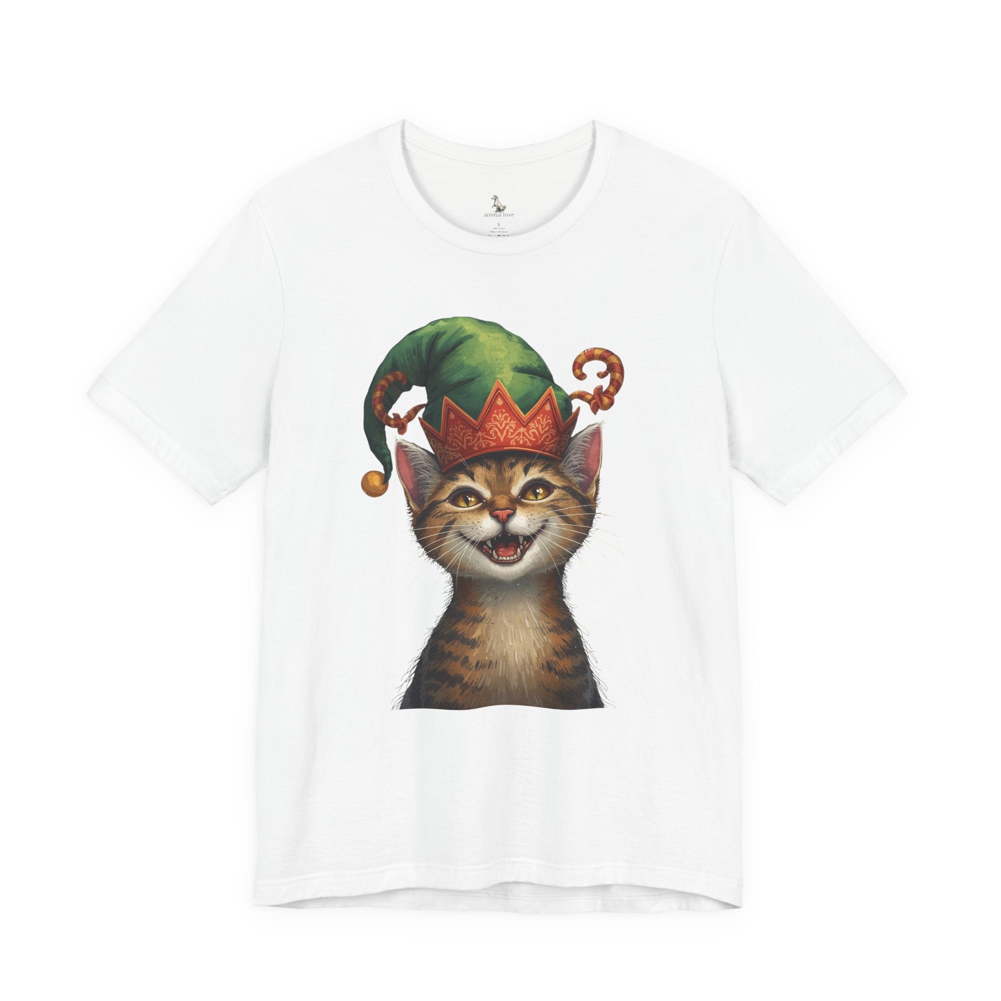 Cat Elf T-Shirt — Smiling Tabby in Festive Elf Hat