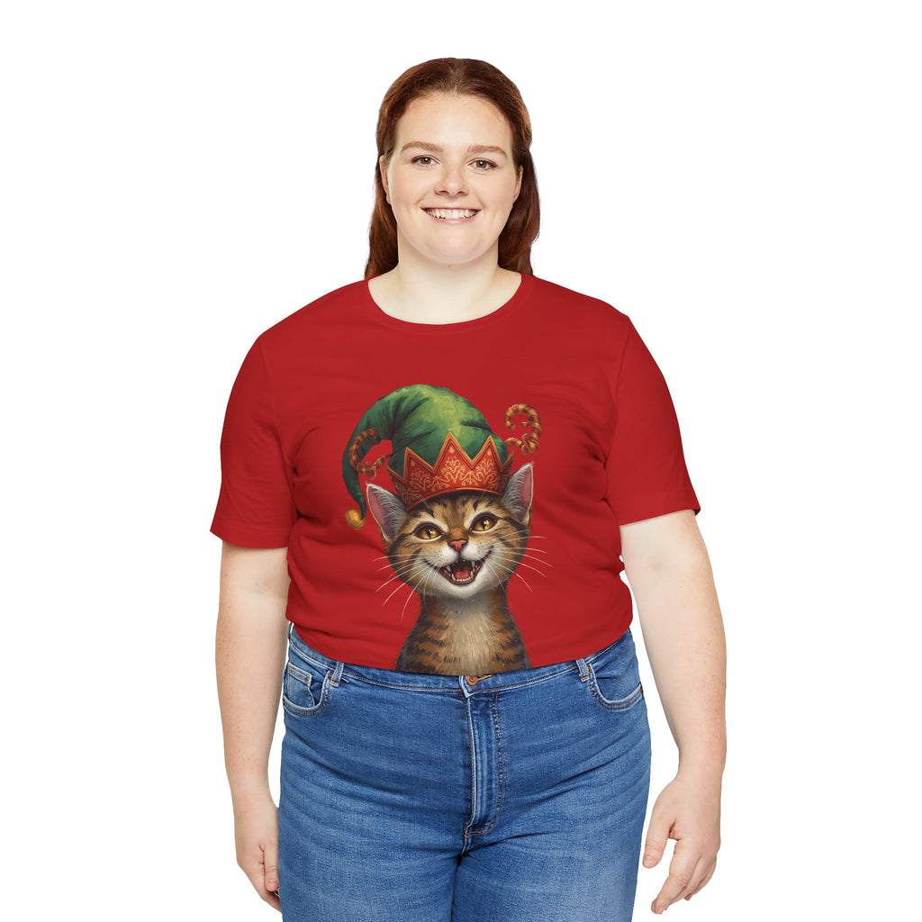 Cat Elf T-Shirt — Smiling Tabby in Festive Elf Hat