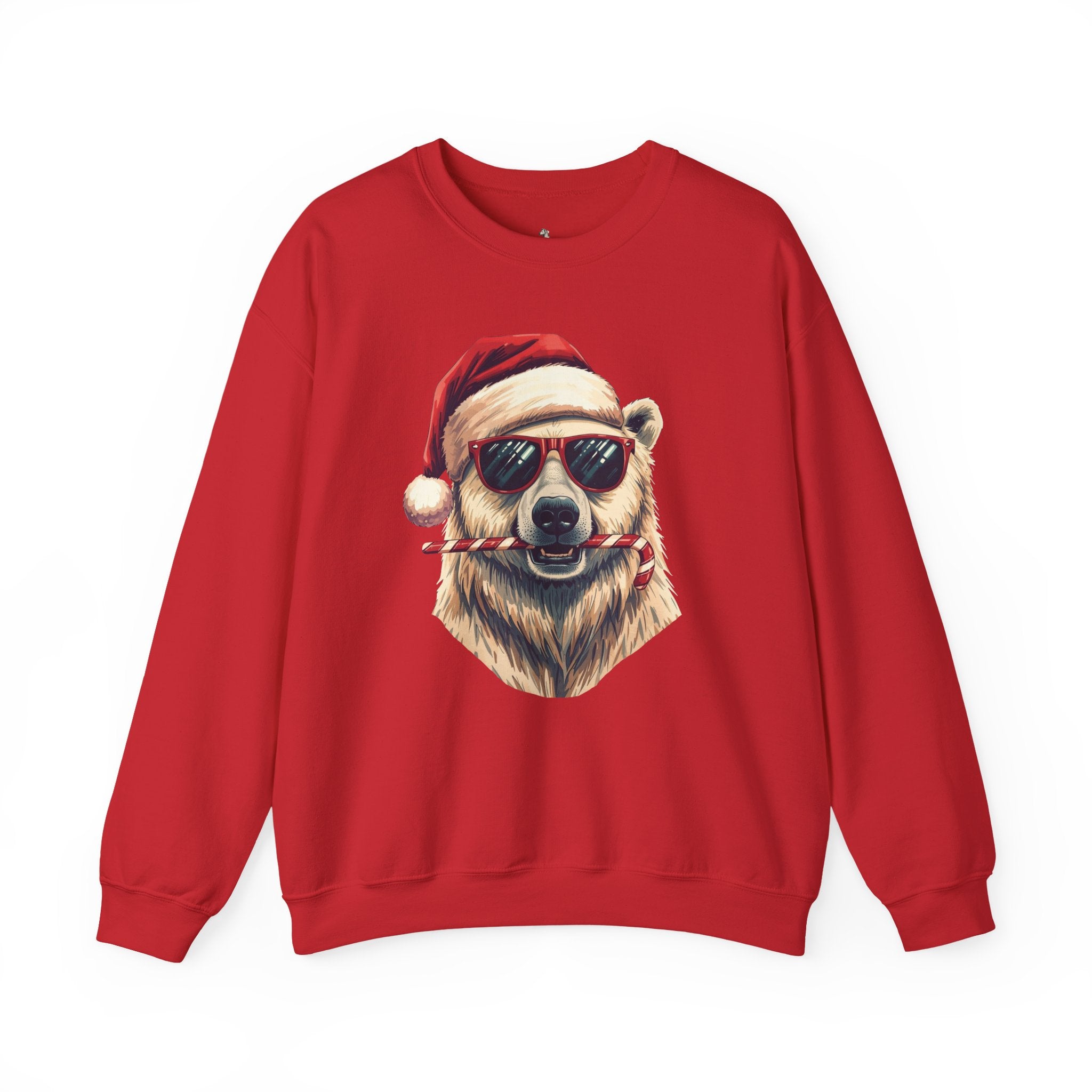 Christmas Polar Bear Crewneck Sweatshirt - Santa Hat & Candy Cane Holiday Pullover