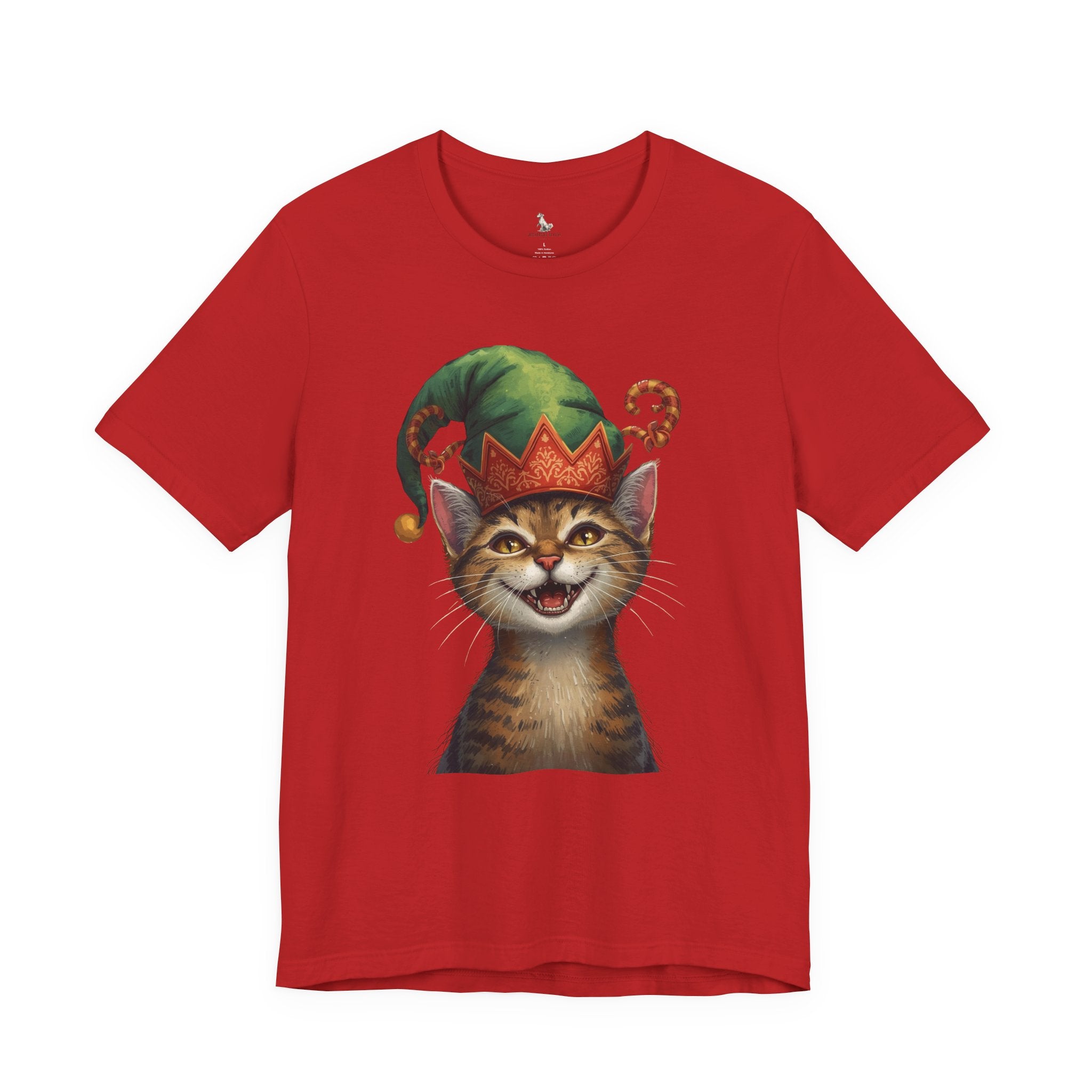 Cat Elf T-Shirt — Smiling Tabby in Festive Elf Hat