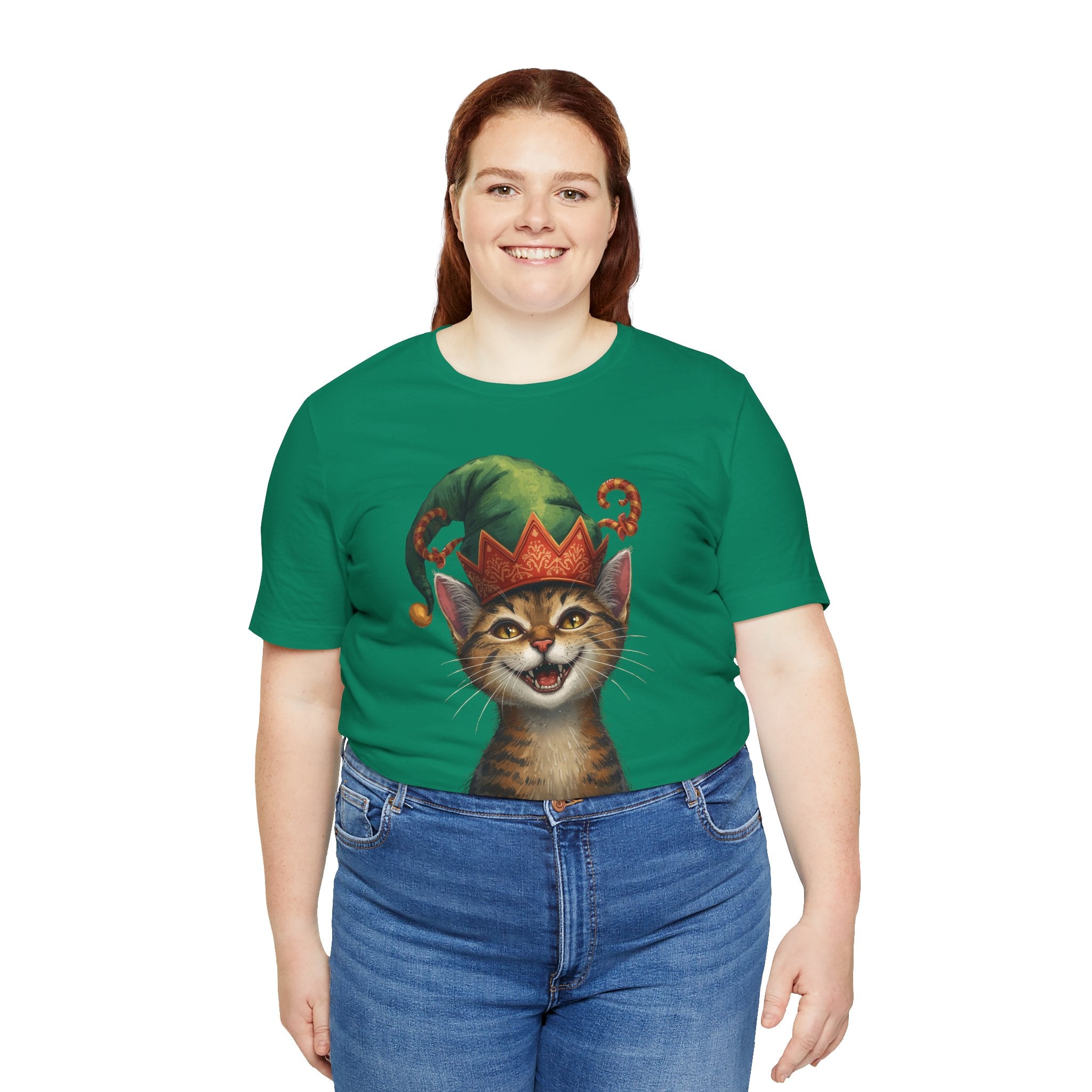 Cat Elf T-Shirt — Smiling Tabby in Festive Elf Hat