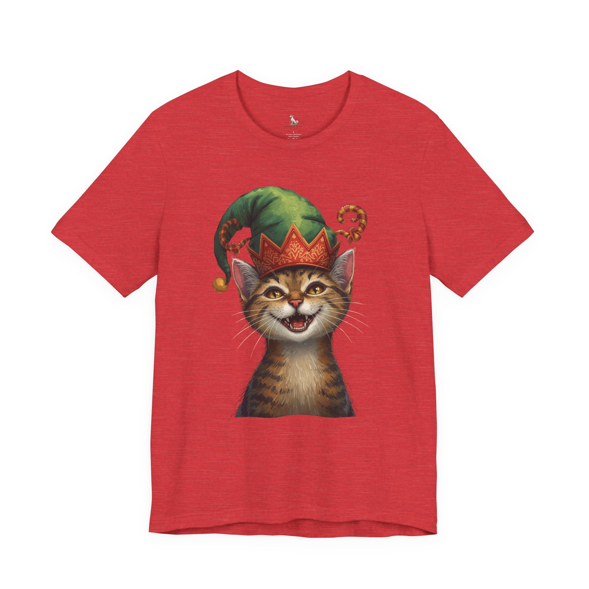 Cat Elf T-Shirt — Smiling Tabby in Festive Elf Hat