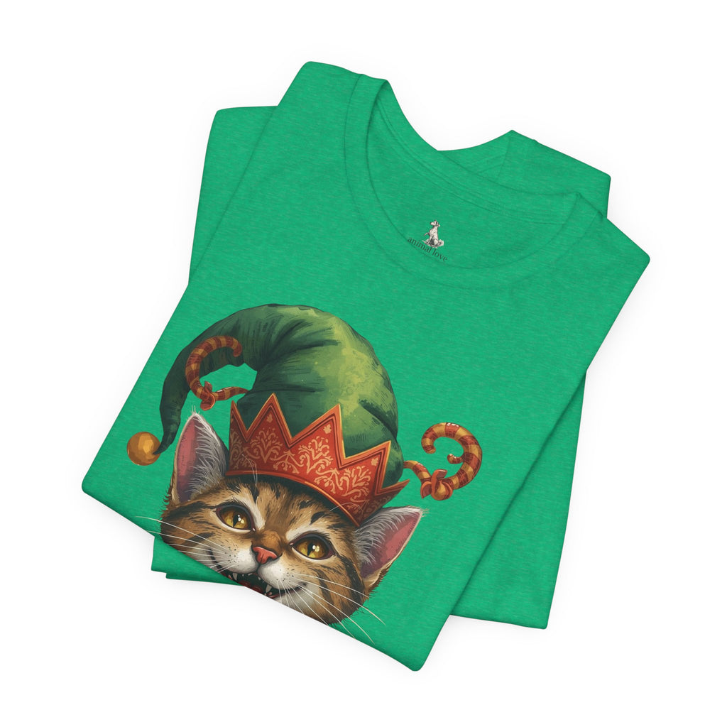 Cat Elf T-Shirt — Smiling Tabby in Festive Elf Hat