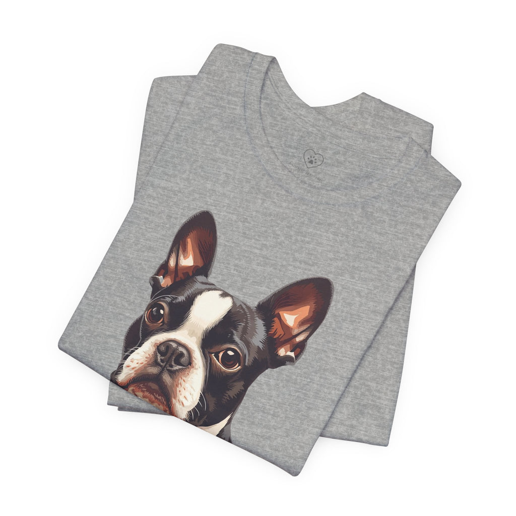 Boston Terrier Portrait T-Shirt – Realistic Dog Face Tee for Pet Lovers