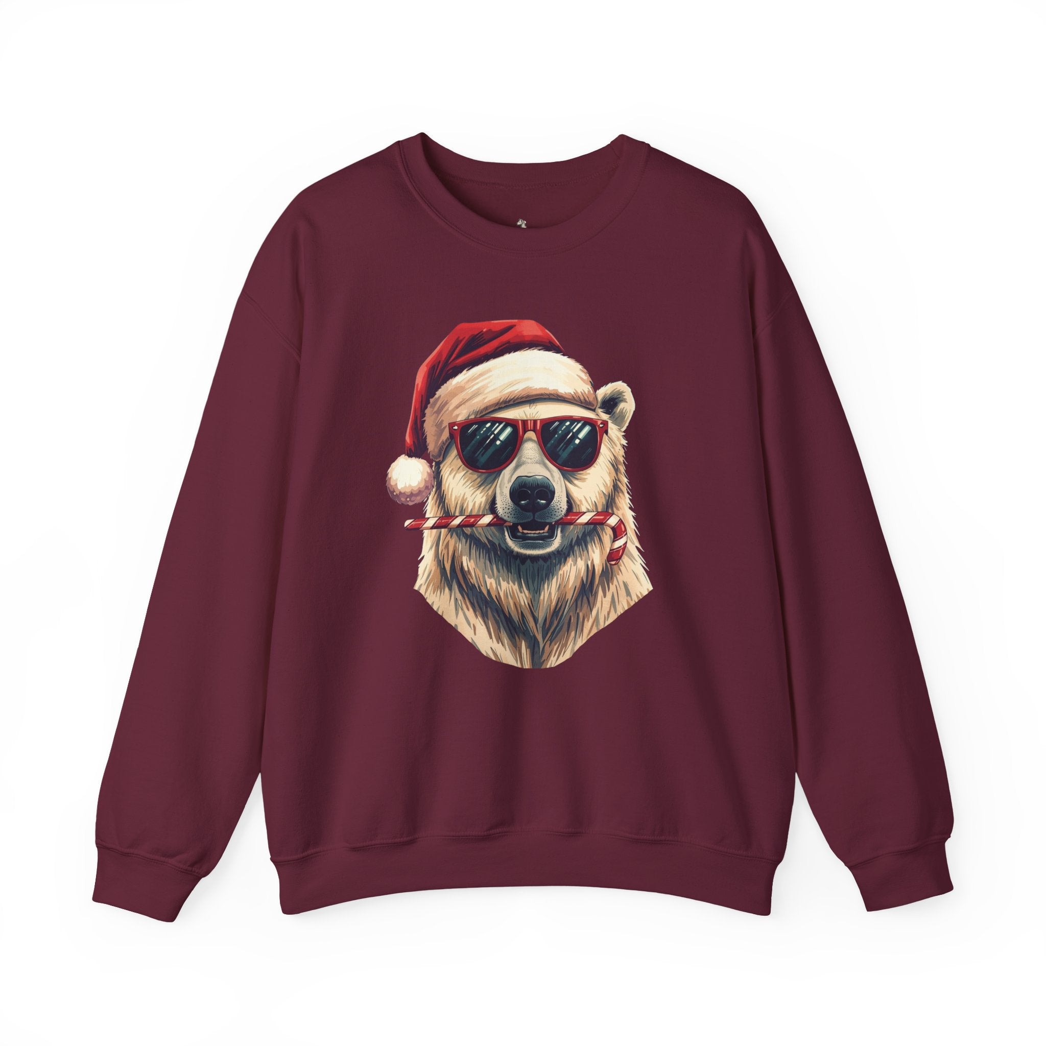 Christmas Polar Bear Crewneck Sweatshirt - Santa Hat & Candy Cane Holiday Pullover