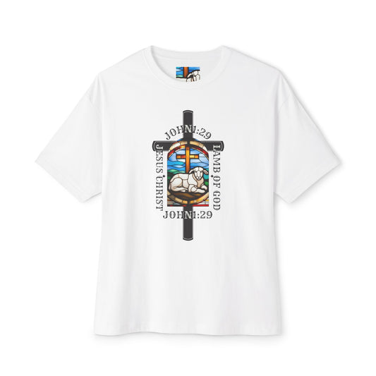 Christian Graphic Tee Glass Art, Unisex Oversized T-Shirt, John 1:29 Lamb Of God