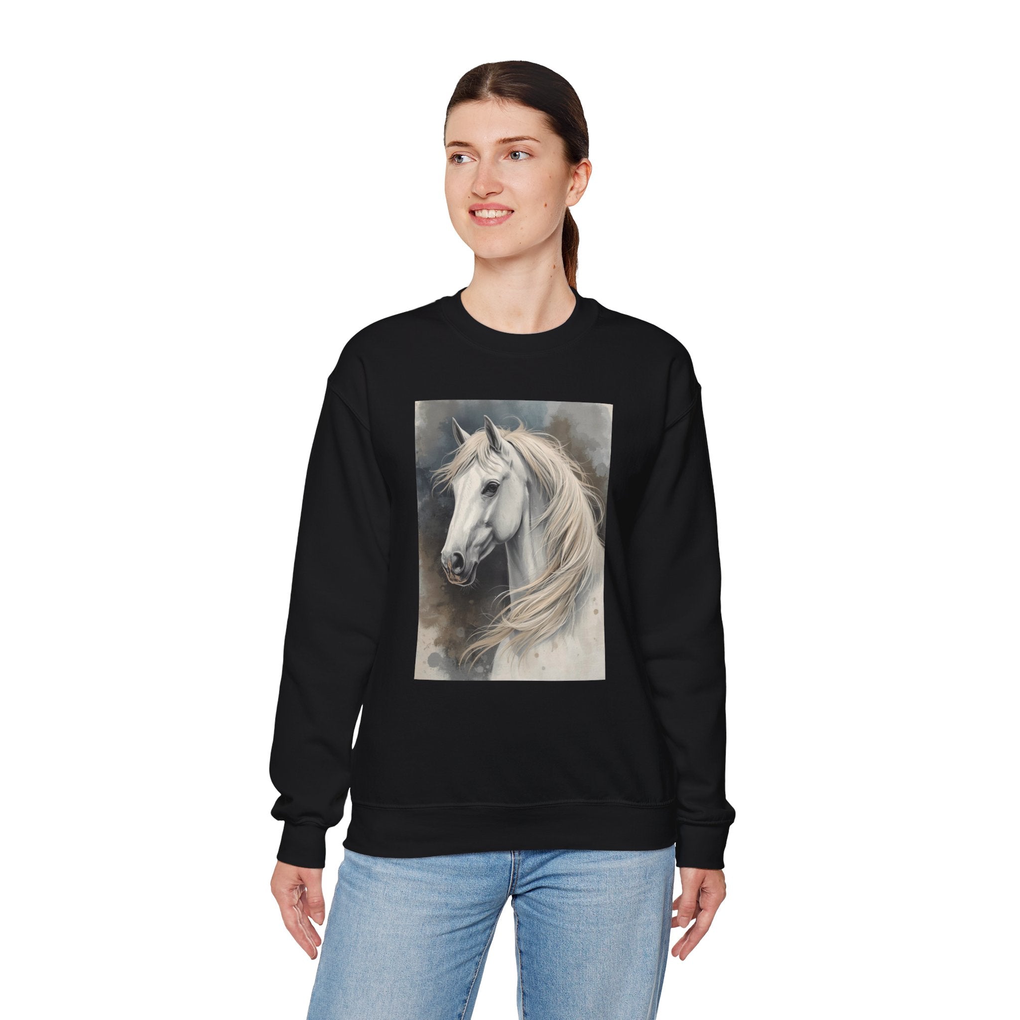 Horse Portrait Crewneck Sweatshirt — Elegant White Stallion Graphic