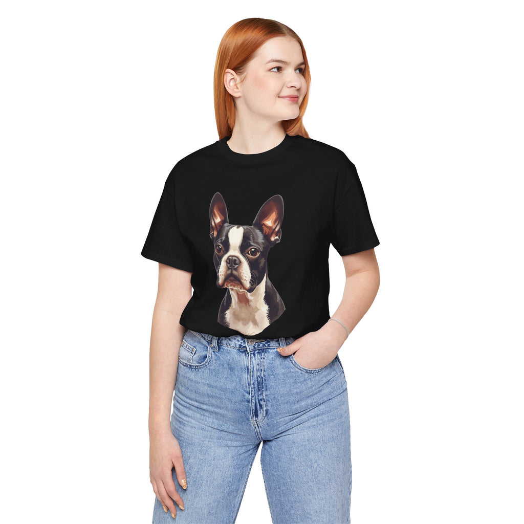 Boston Terrier Portrait T-Shirt – Realistic Dog Face Tee for Pet Lovers