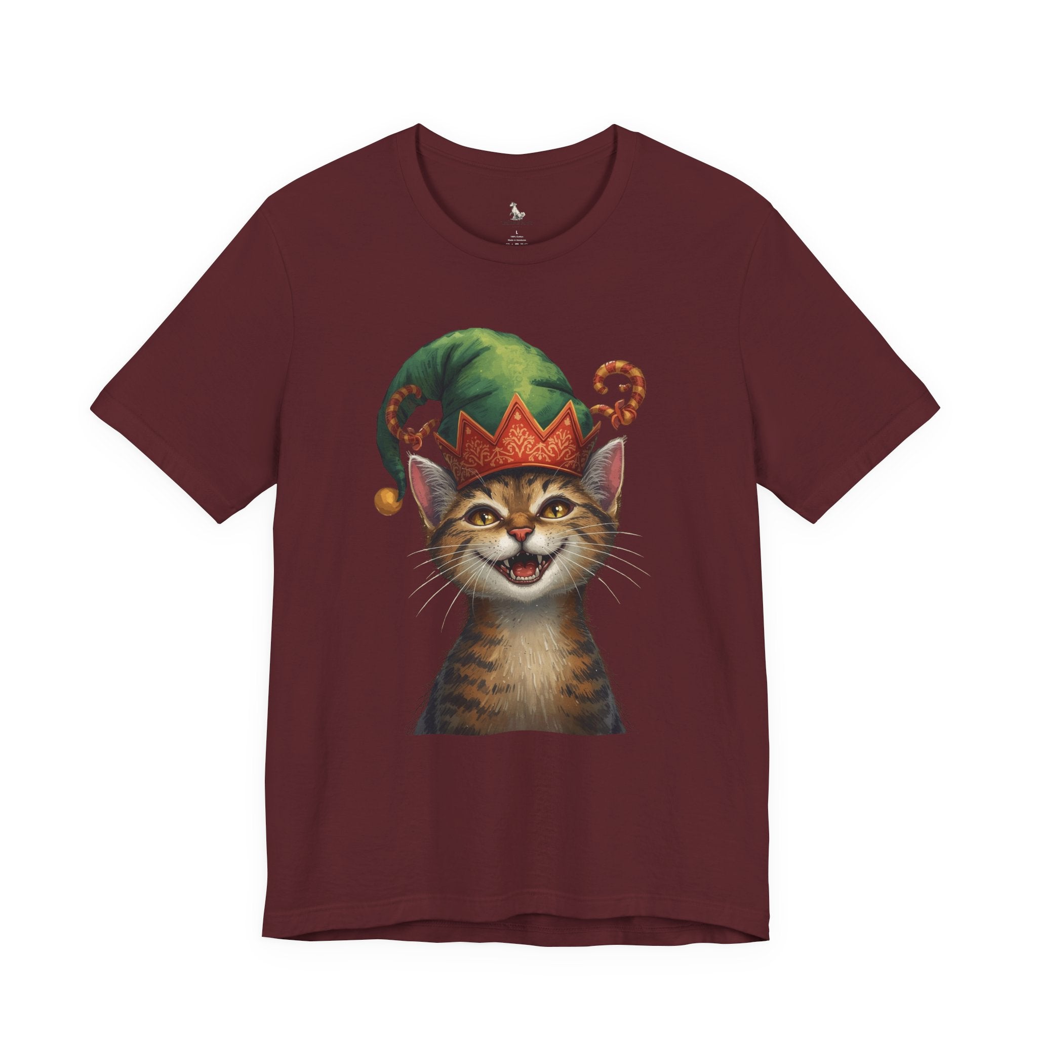 Cat Elf T-Shirt — Smiling Tabby in Festive Elf Hat