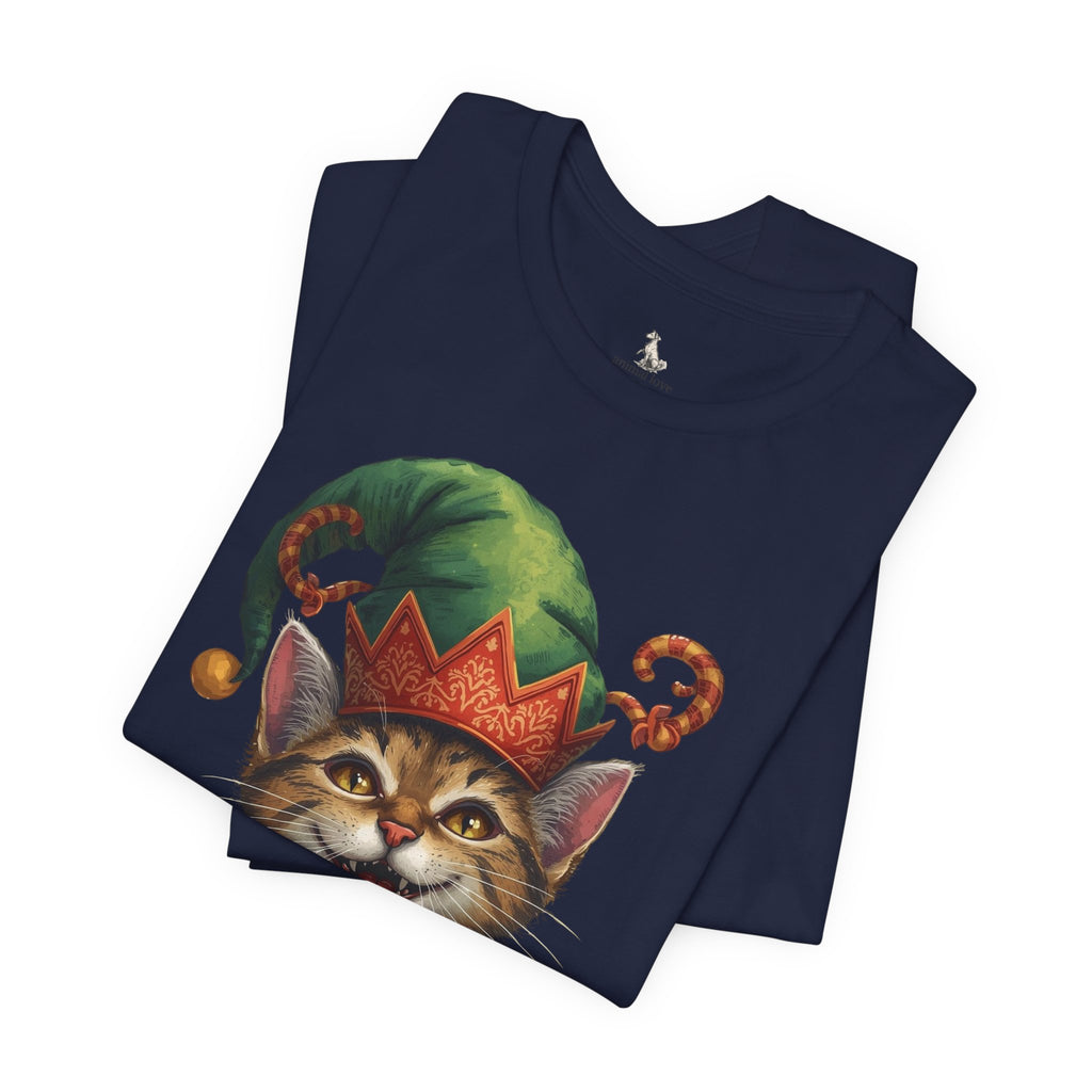 Cat Elf T-Shirt — Smiling Tabby in Festive Elf Hat