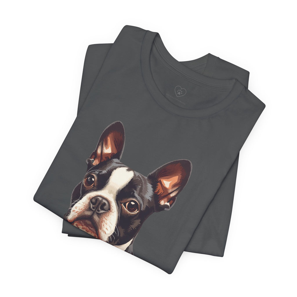 Boston Terrier Portrait T-Shirt – Realistic Dog Face Tee for Pet Lovers