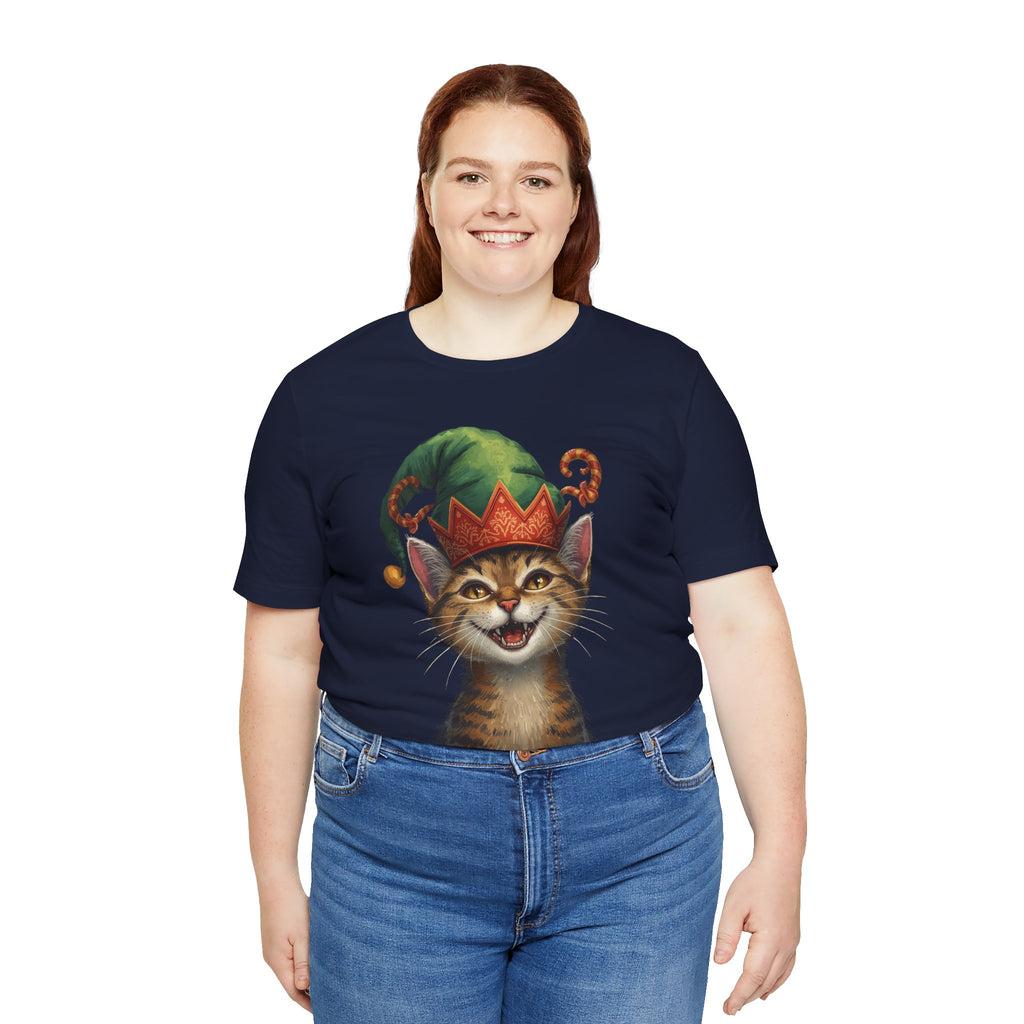 Cat Elf T-Shirt — Smiling Tabby in Festive Elf Hat
