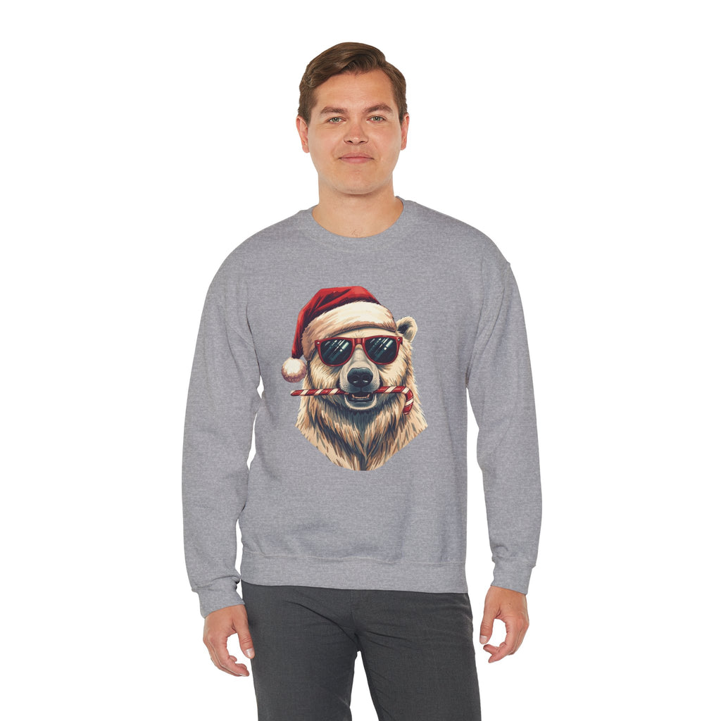 Christmas Polar Bear Crewneck Sweatshirt - Santa Hat & Candy Cane Holiday Pullover