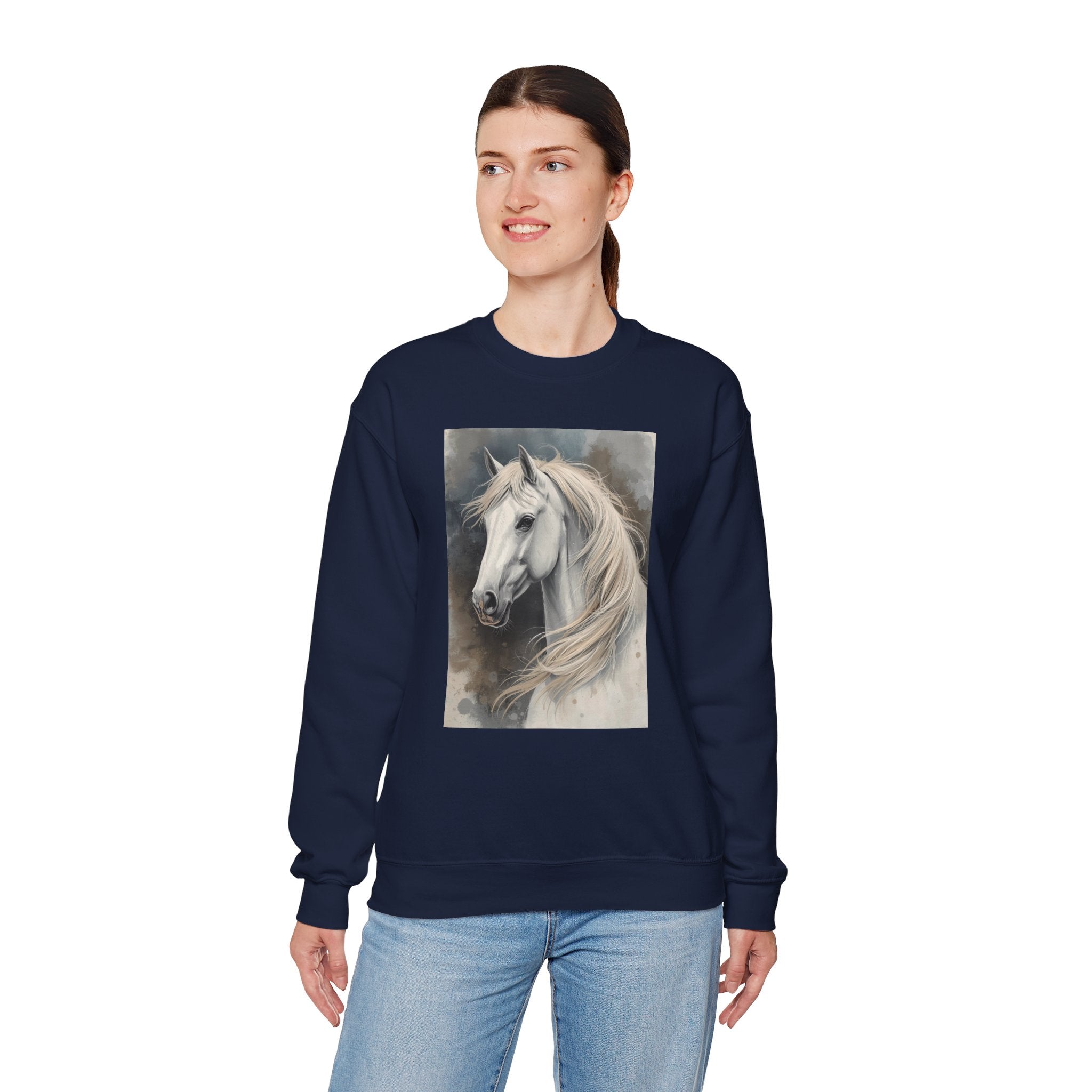 Horse Portrait Crewneck Sweatshirt — Elegant White Stallion Graphic