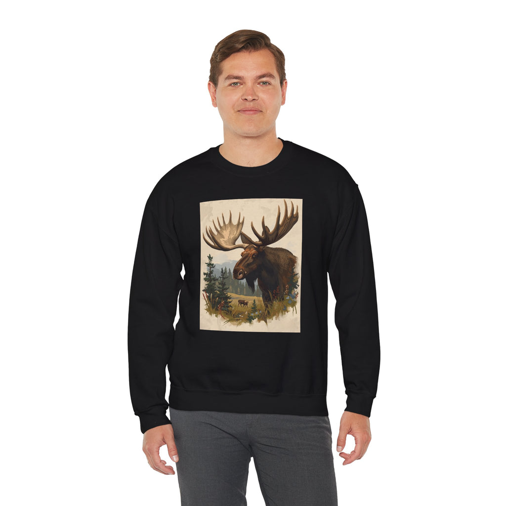 Moose in the Woods Crewneck Sweatshirt — Woodland Moose Illustration