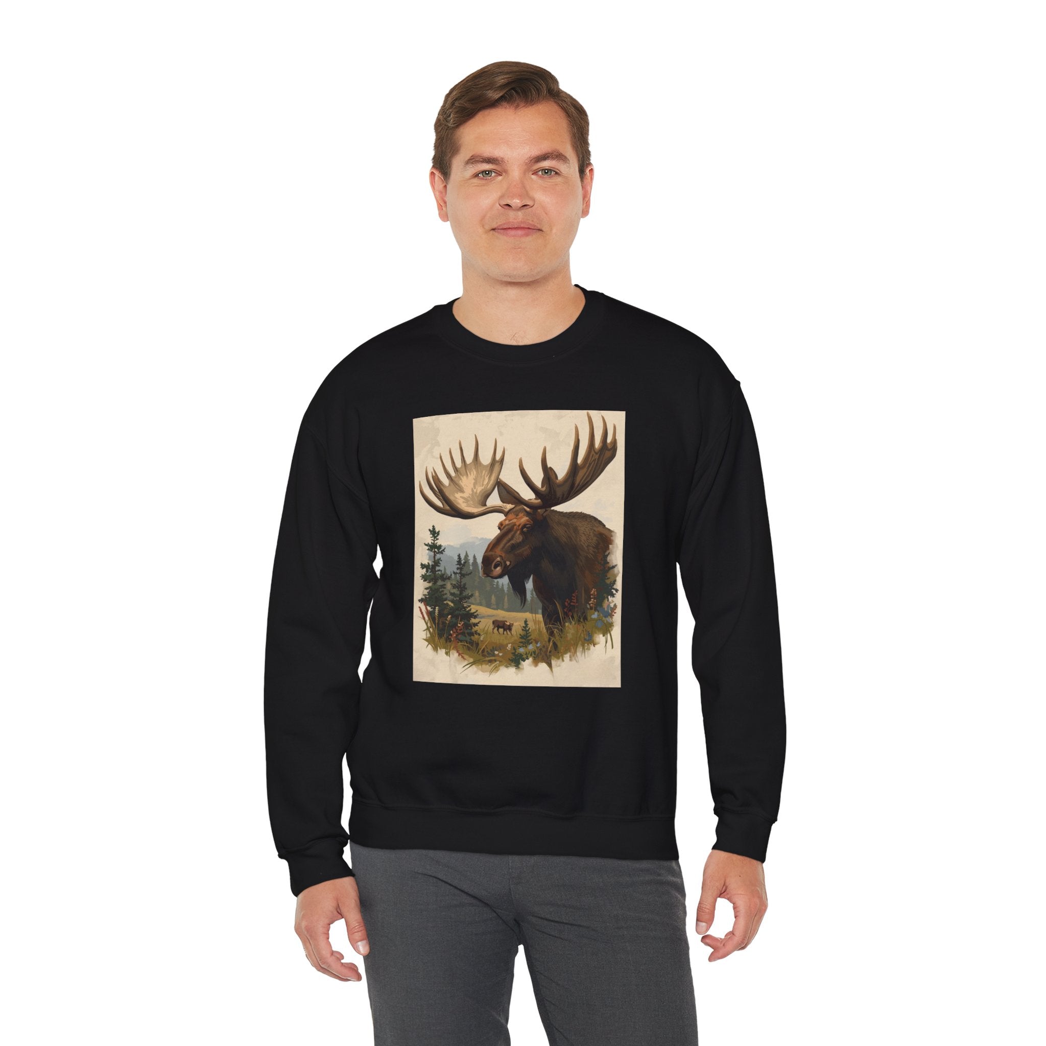 Moose in the Woods Crewneck Sweatshirt — Woodland Moose Illustration