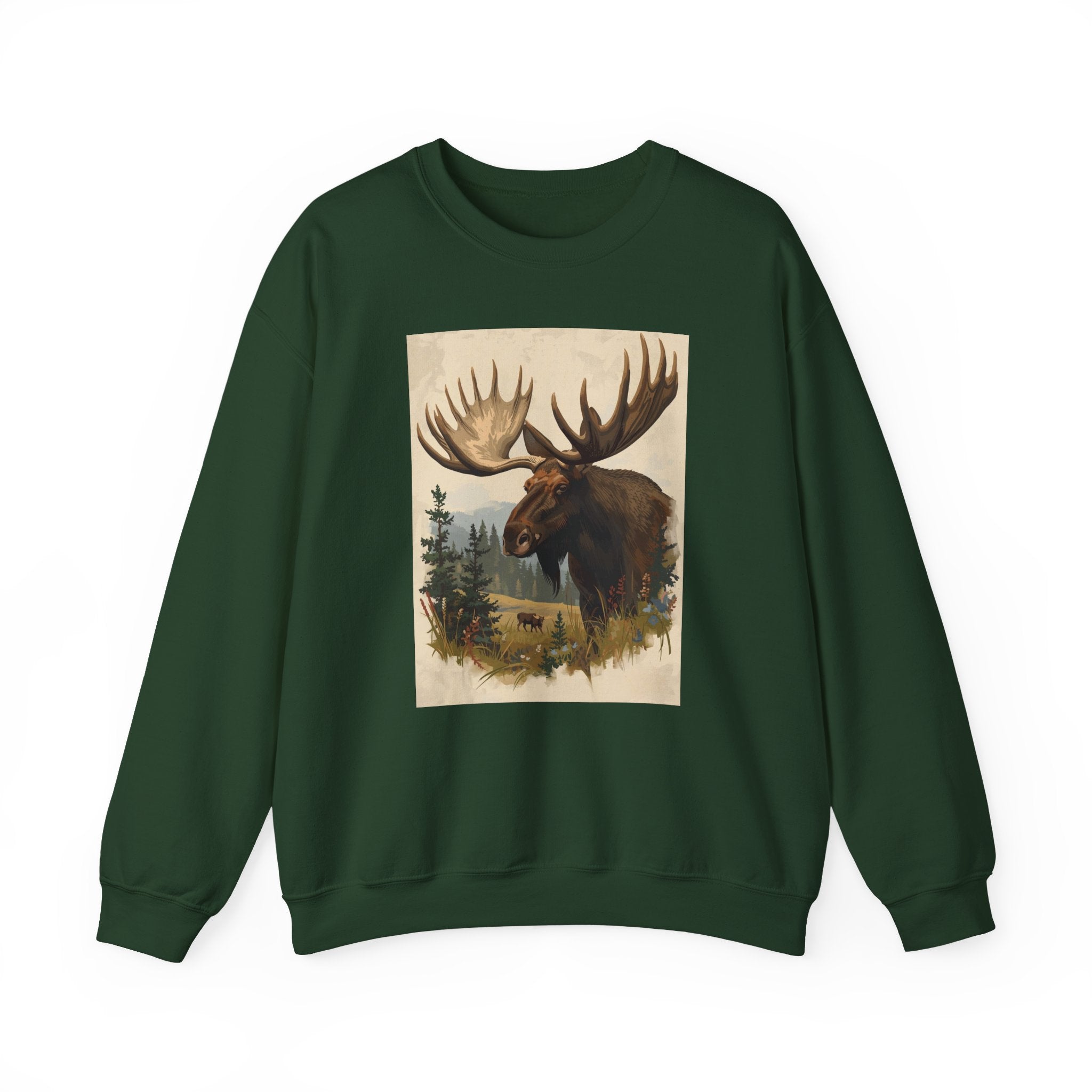 Moose in the Woods Crewneck Sweatshirt — Woodland Moose Illustration