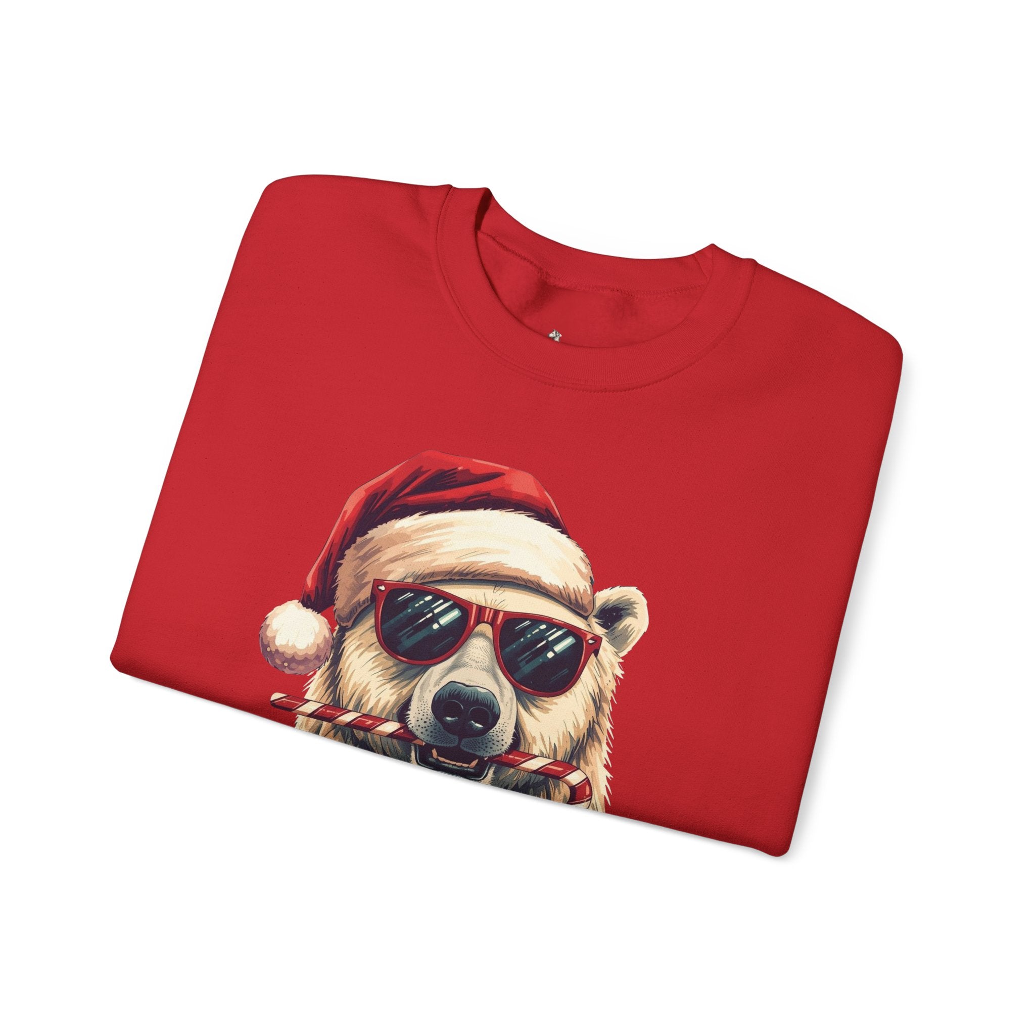 Christmas Polar Bear Crewneck Sweatshirt - Santa Hat & Candy Cane Holiday Pullover